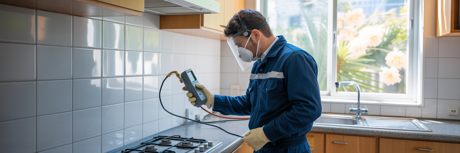Técnico revisando una cocina con detector de fugas de gas en un departamento moderno.