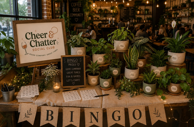 Prize table of potted plants under a BINGO banner