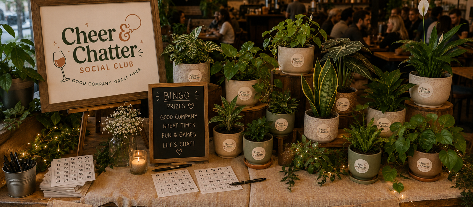 Prize table of potted plants under a BINGO banner