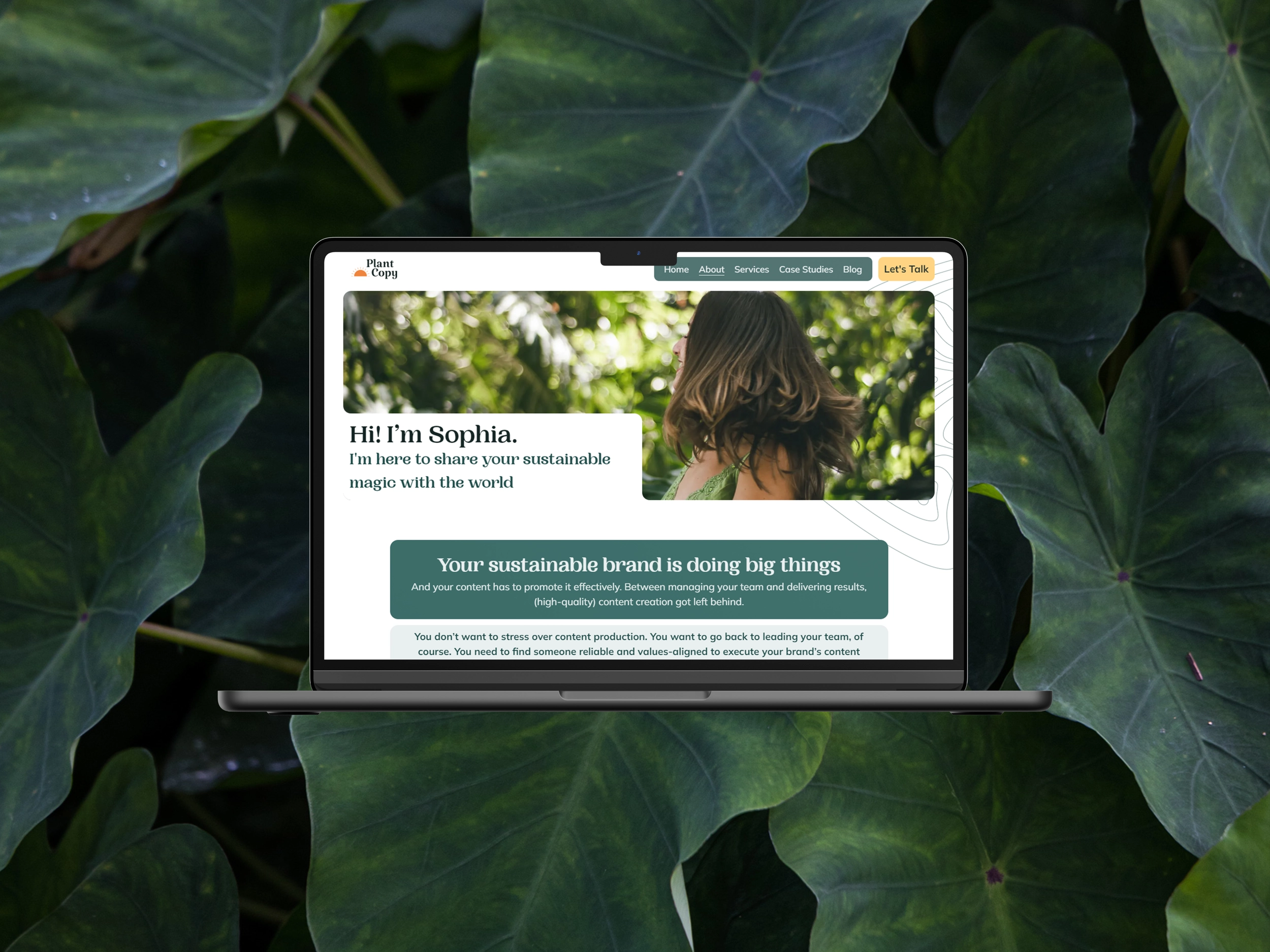 A screenshot of Plant Copy's website showing the hero section and UI