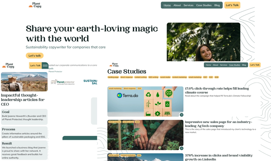 Screenshots of various pages of Plant Copy's website showcasing the UI, web design and the UX