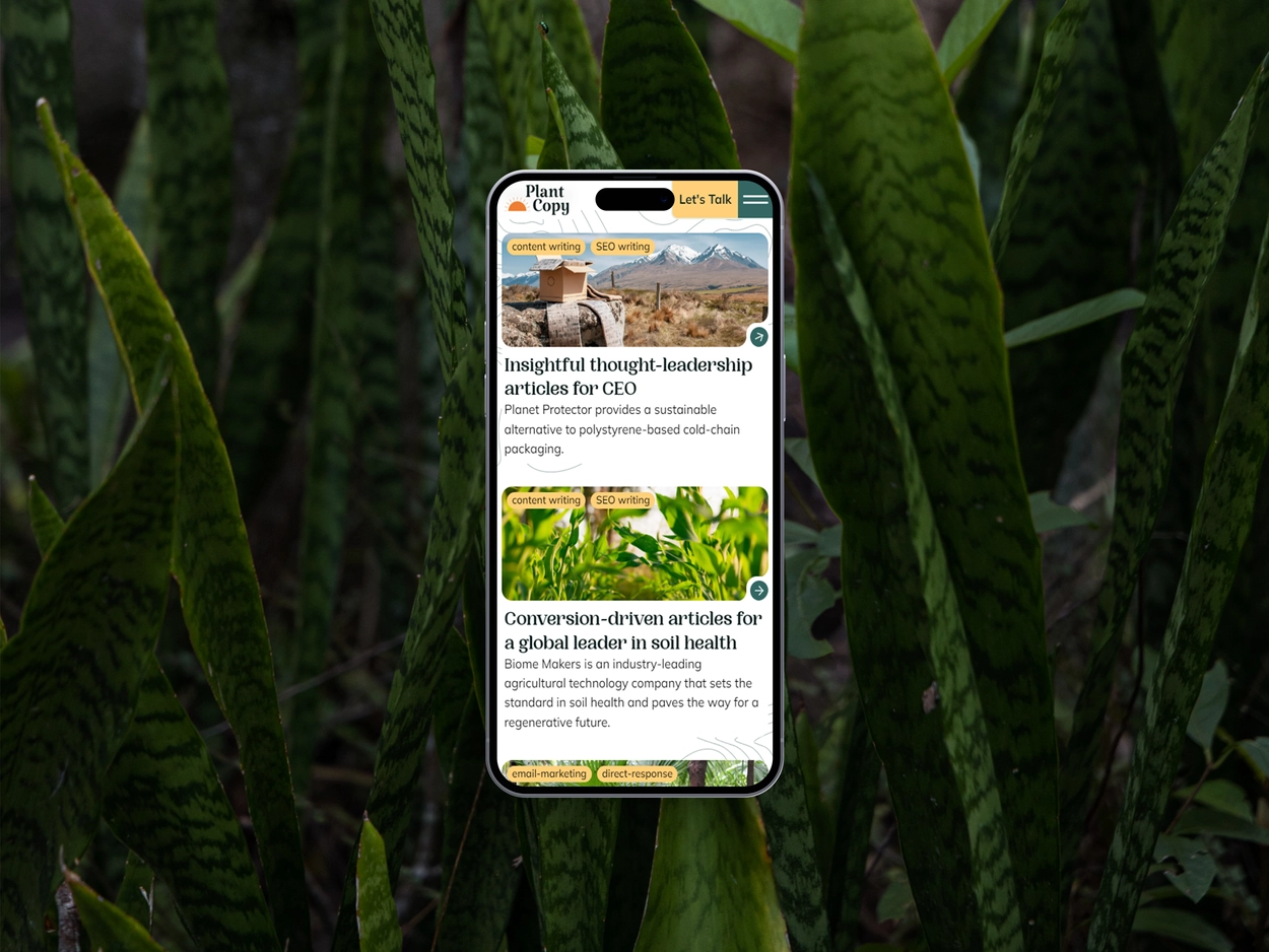 A screenshot of Plant Copy's website showing the responsive mobile version of the blogs