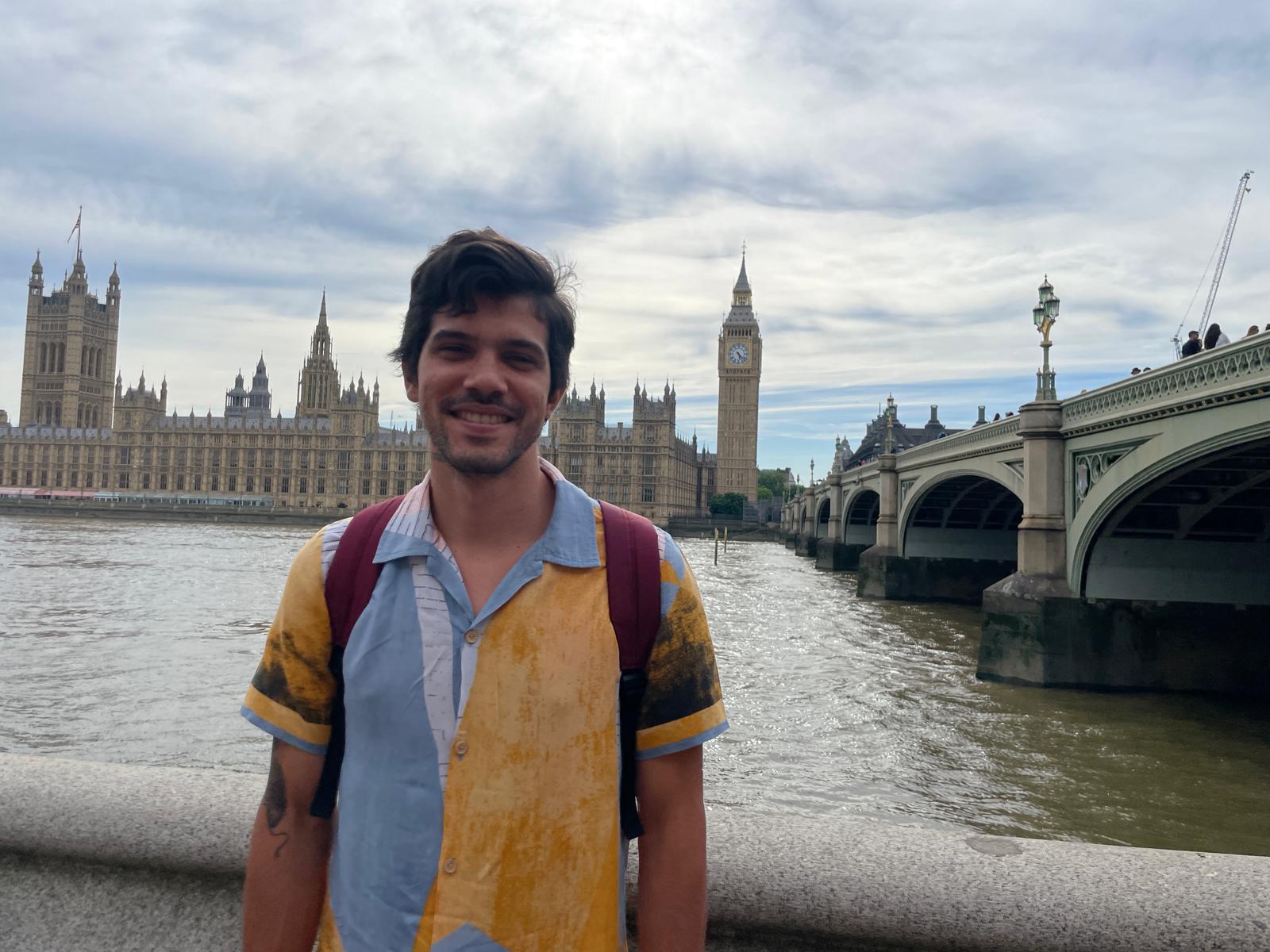 Ronald looking at the camera with the big ben behind