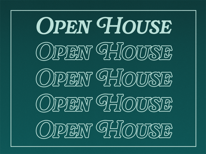 Reads "open house" 5 times vertically, dark turquoise color as the background