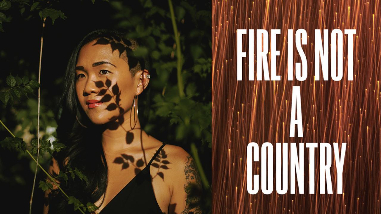 On the left is a portrait of the author Cynthia Dewi Oka in a wooded forest. On the right is the cover of Cynthia's new book of poems, "Fire is Not A Country."