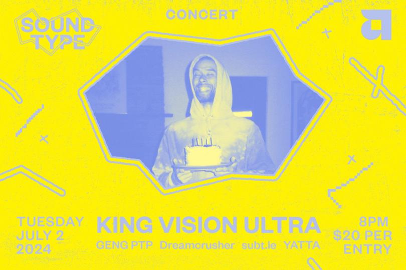 Bright yellow concert poster of musician King Vision Ultra, Geng PTP, Dreamcrusher, subt.le, and YATTA.