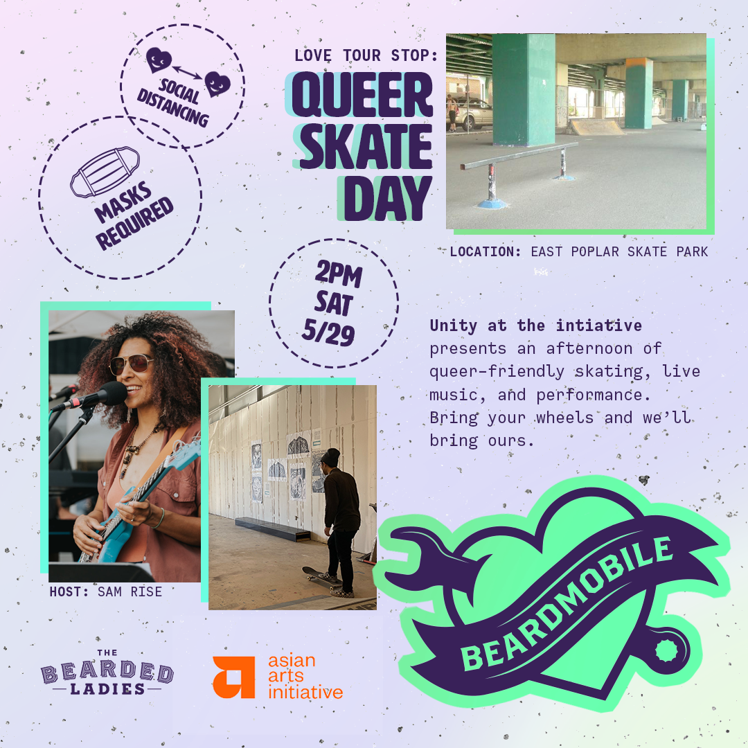 Flyer advertising the Queer Skate Day event. An image of the East Poplar Skate Park is on the top right, with images of the host, Sam Rise, and a skateboarder, dot the flyer.