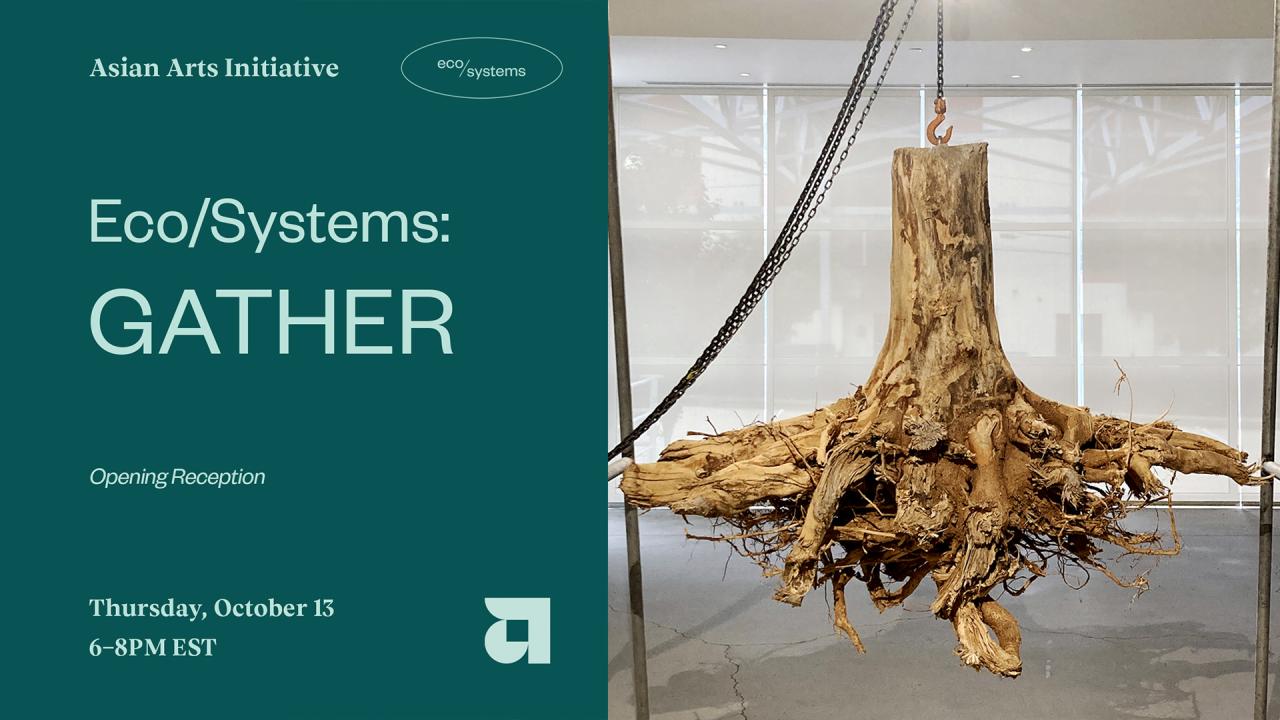 Poster for Eco/Systems: Gather featuring Bassem Yousri's work, a large treen trunk base suspended with industrial scaffolding