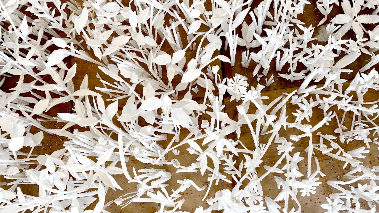 Close up photo of Narendra Haynes work "Field of Preflection," a "meadow" of styrofoam plants decomposed by mealworm beetles