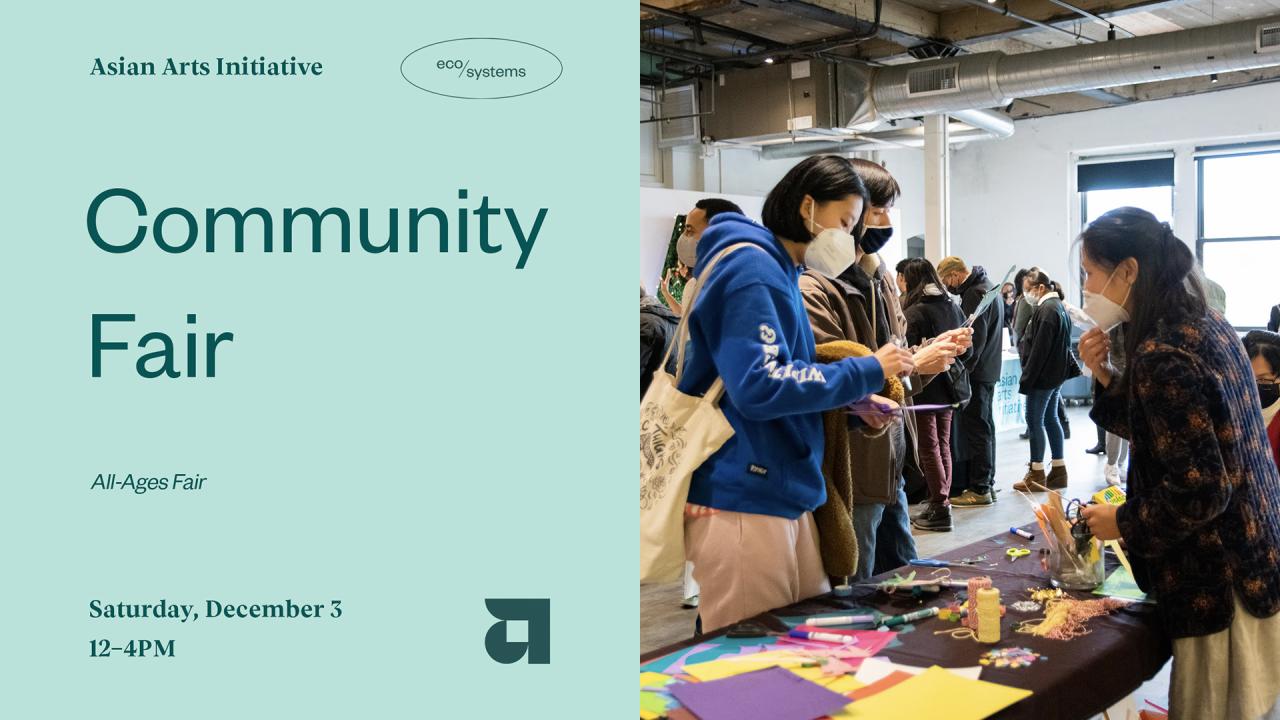 Poster for AAI's community fair with photo of people interacting at a booth.