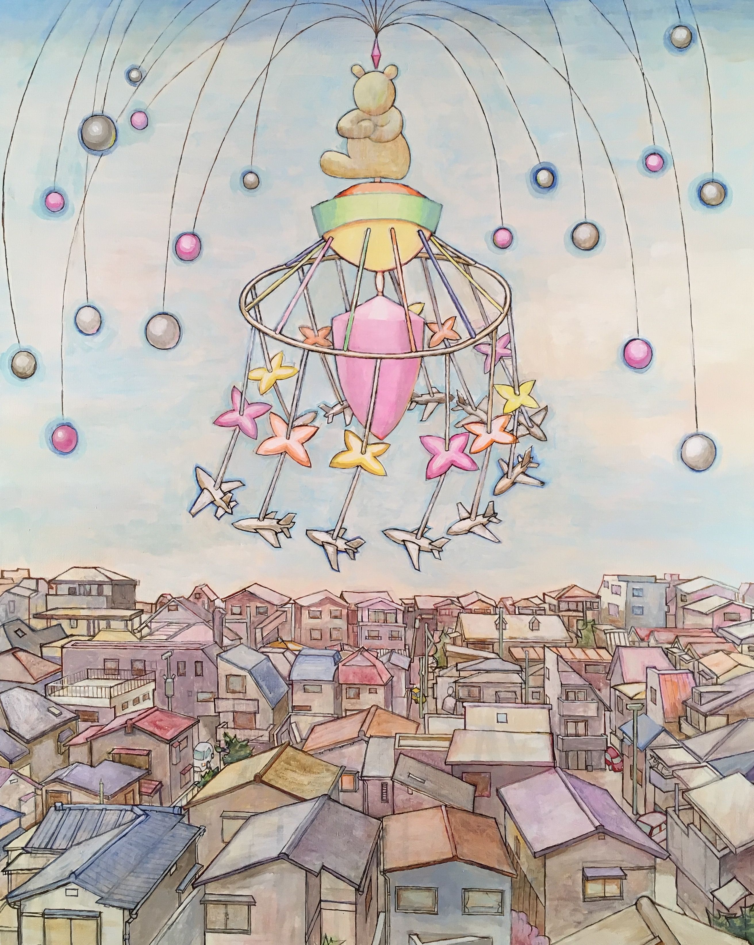Hiro Sakaguchi’s Lullaby illustration featuring a baby mobile above a town.