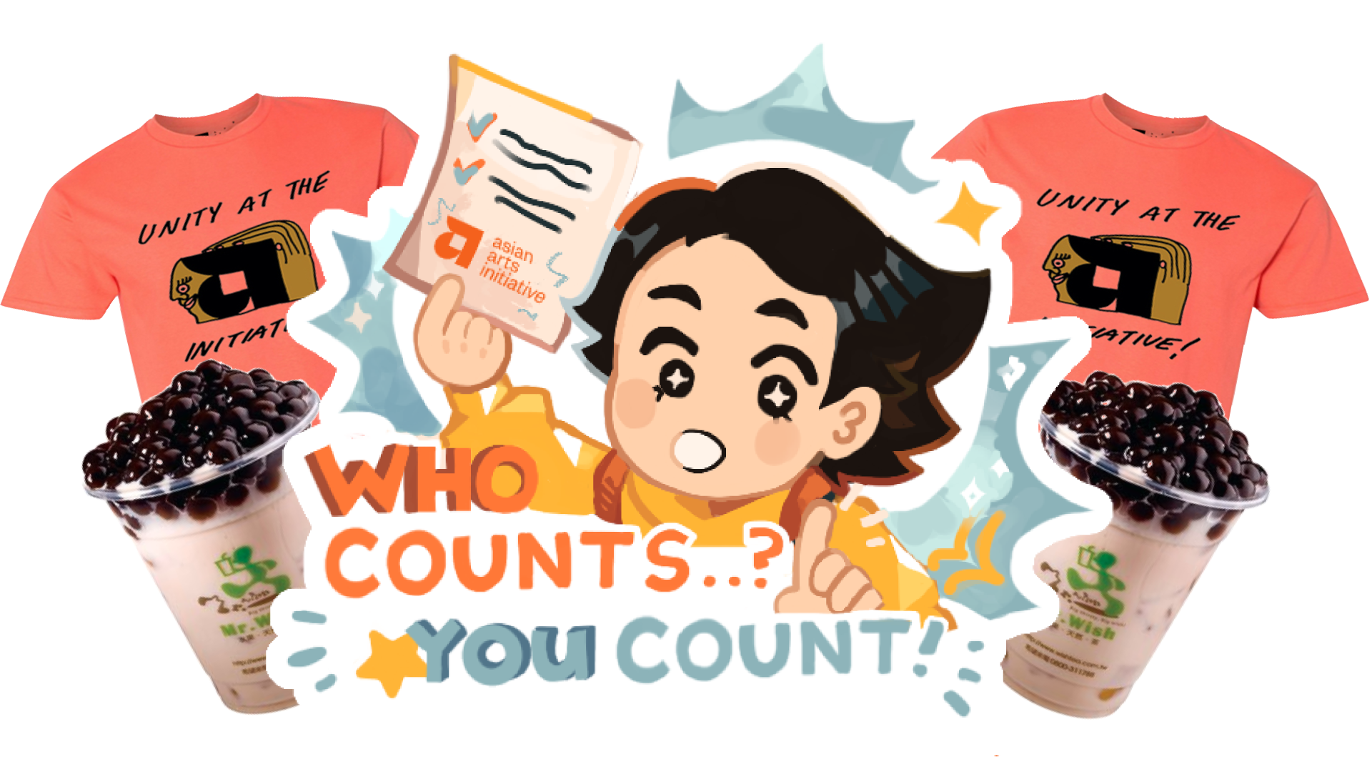 A cartoon of a person holding a checklist with AAI logo and pictures of AAI merch and boba with text "WHO COUNTS...? YOU COUNT".