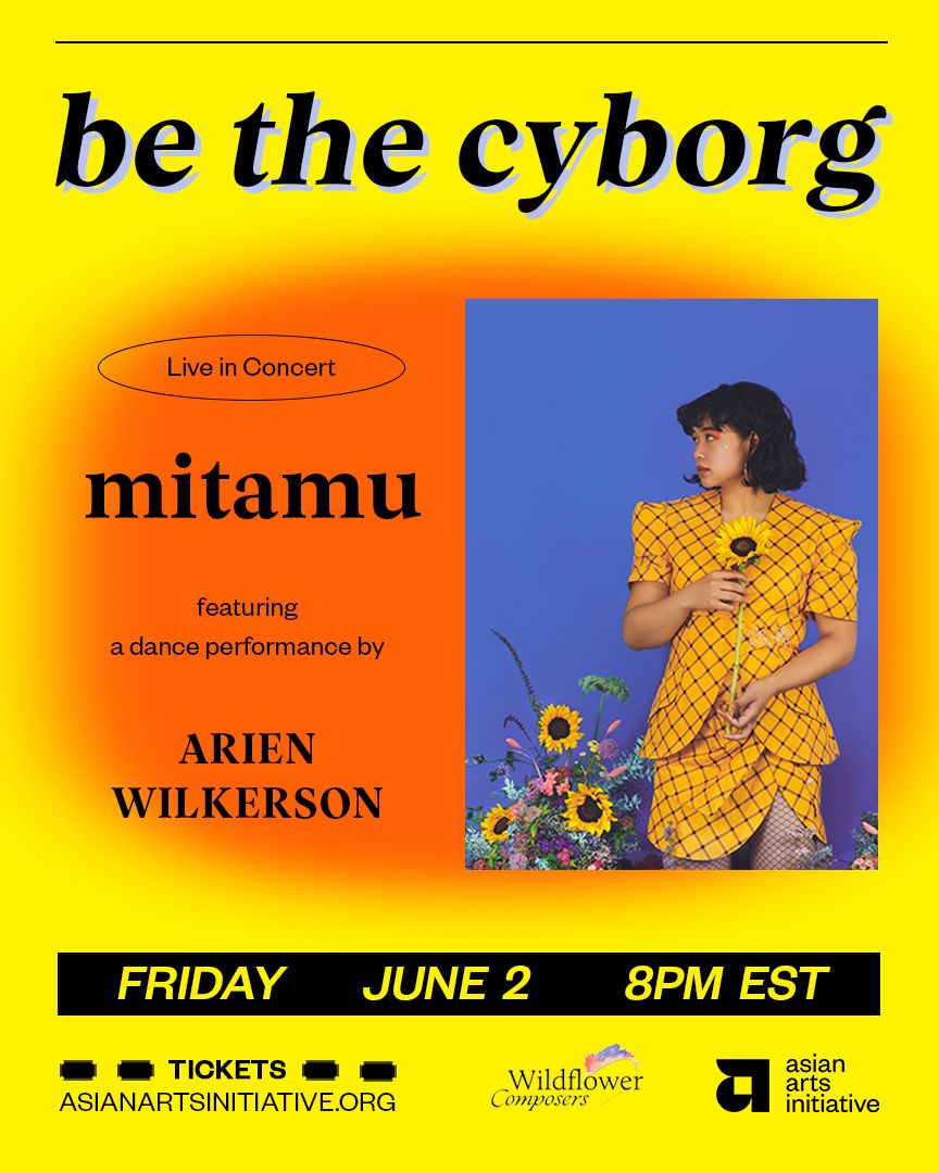 Portrait of artist Mitamu on a bright yellow and orange gradient flyer for be the cyborg live concert featuring a dance performance by Arien Wilkerson.