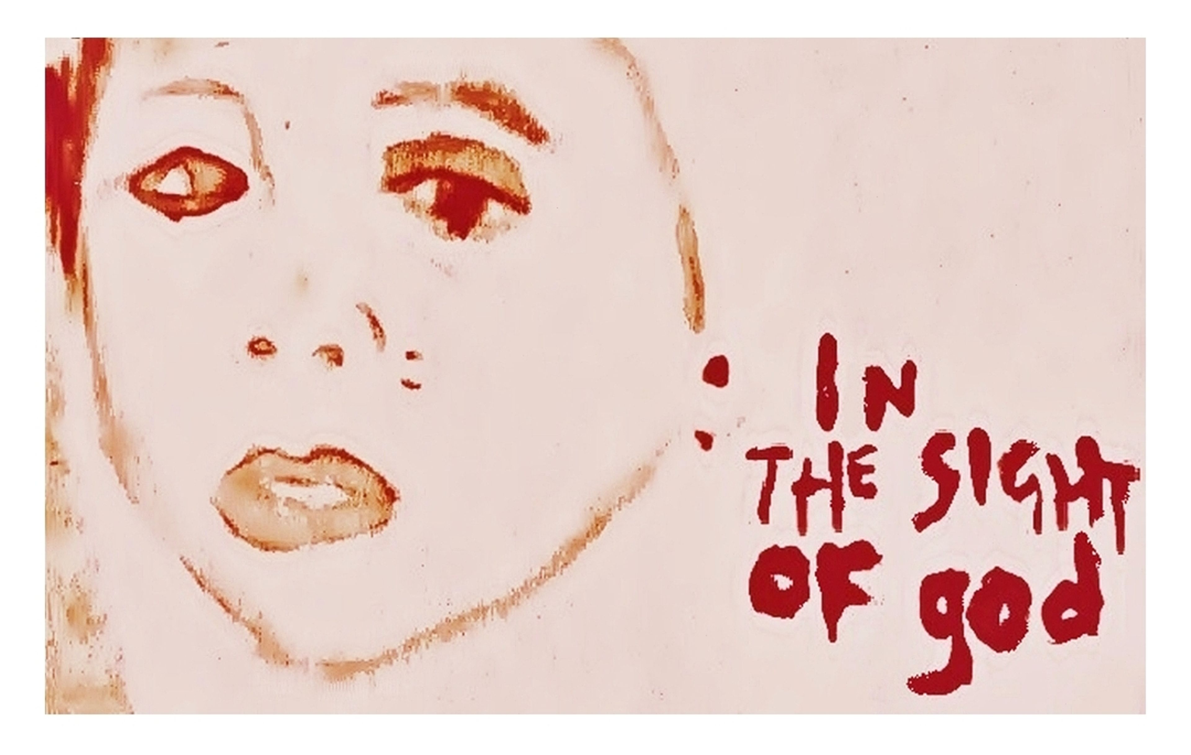 Light brown background with a portrait on the left of the face of child in despair. On the right is text, reading 'In The Sight of God'.