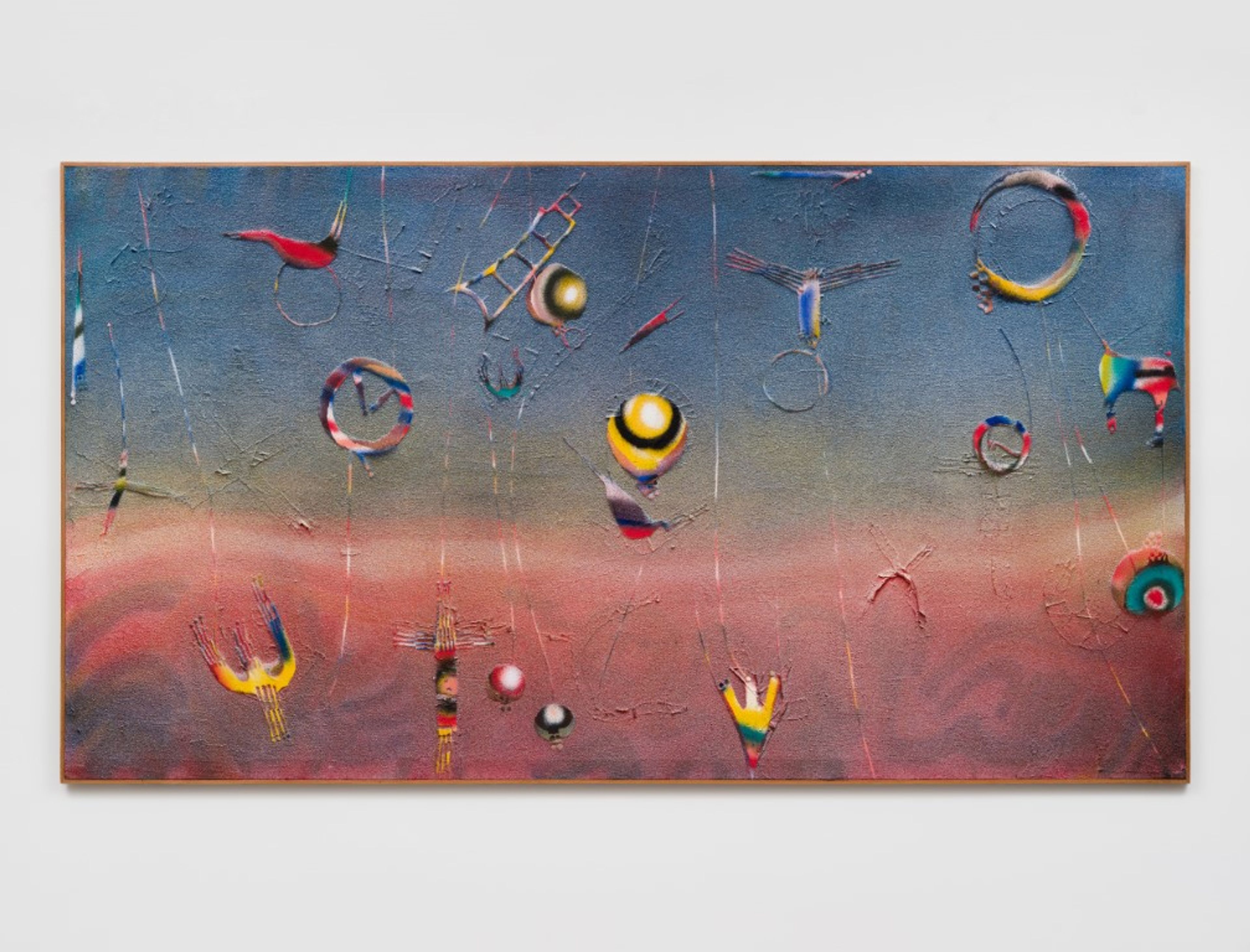 A colourful, gradient painting featuring various dynamic and whimsical objects suspended or floating against a horizon line