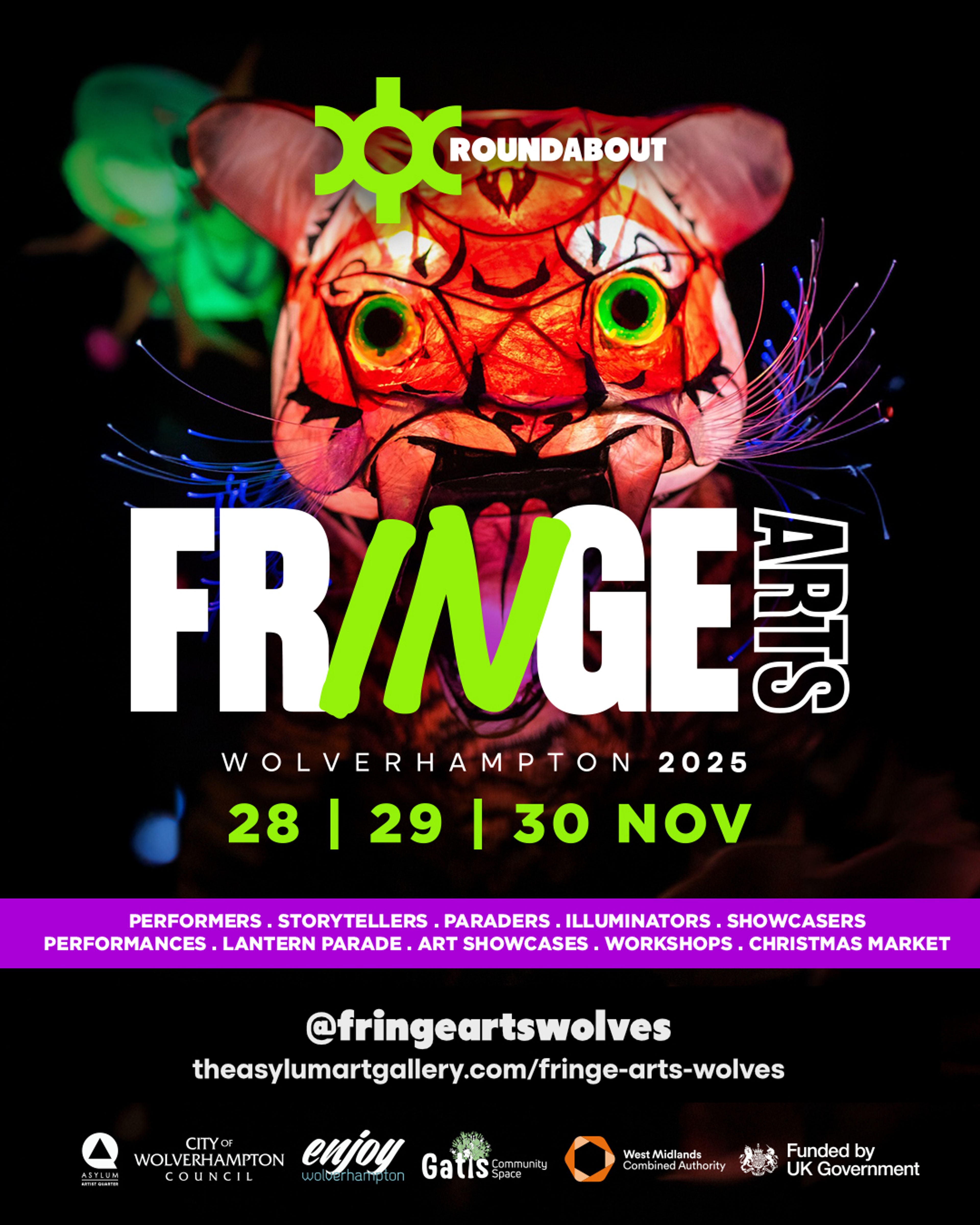 A picture of a tiger shaped lantern with big text saying Fringe Arts Wolverhampton 2025 