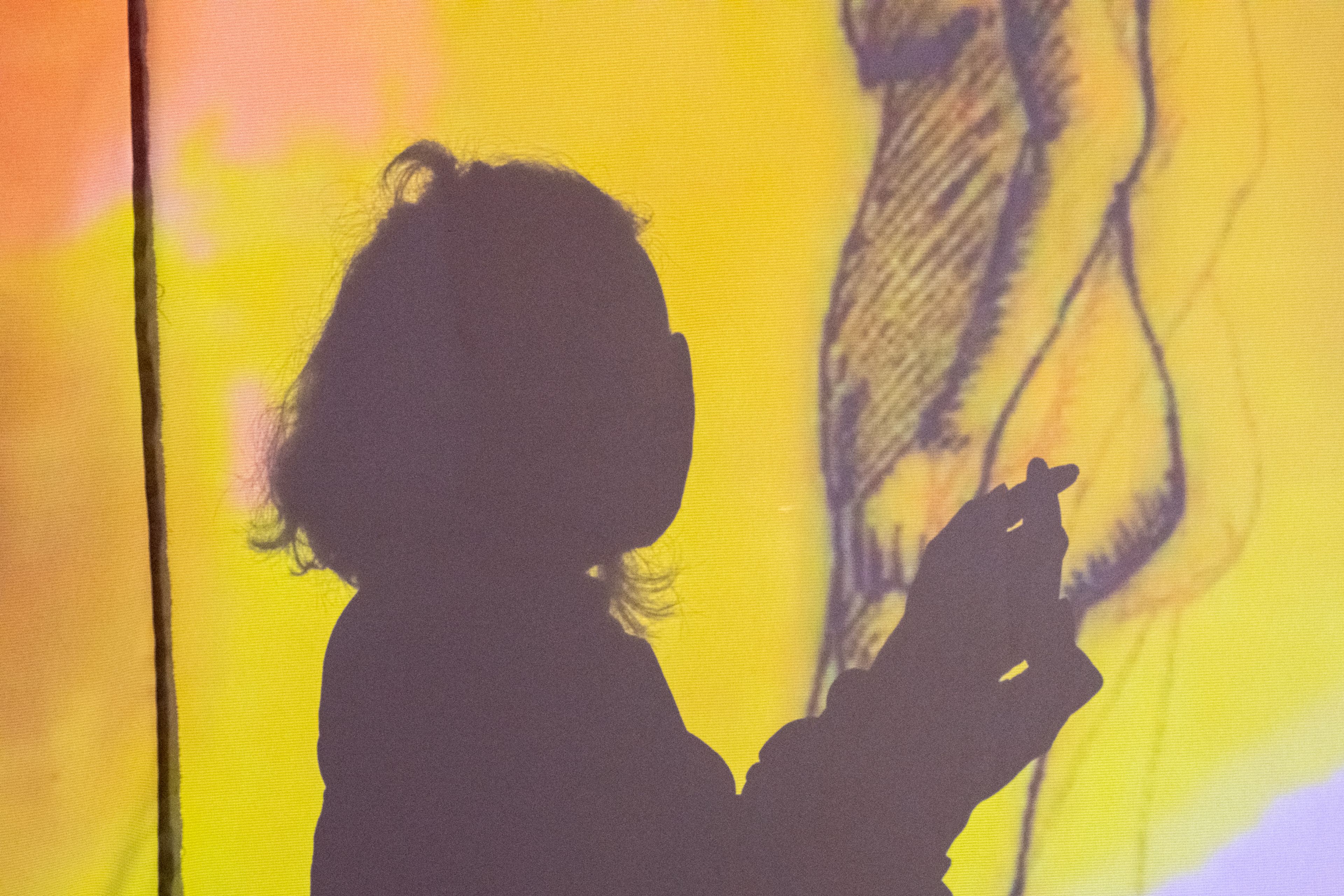 Silhouette in front of a purple and yellow moving image animation.