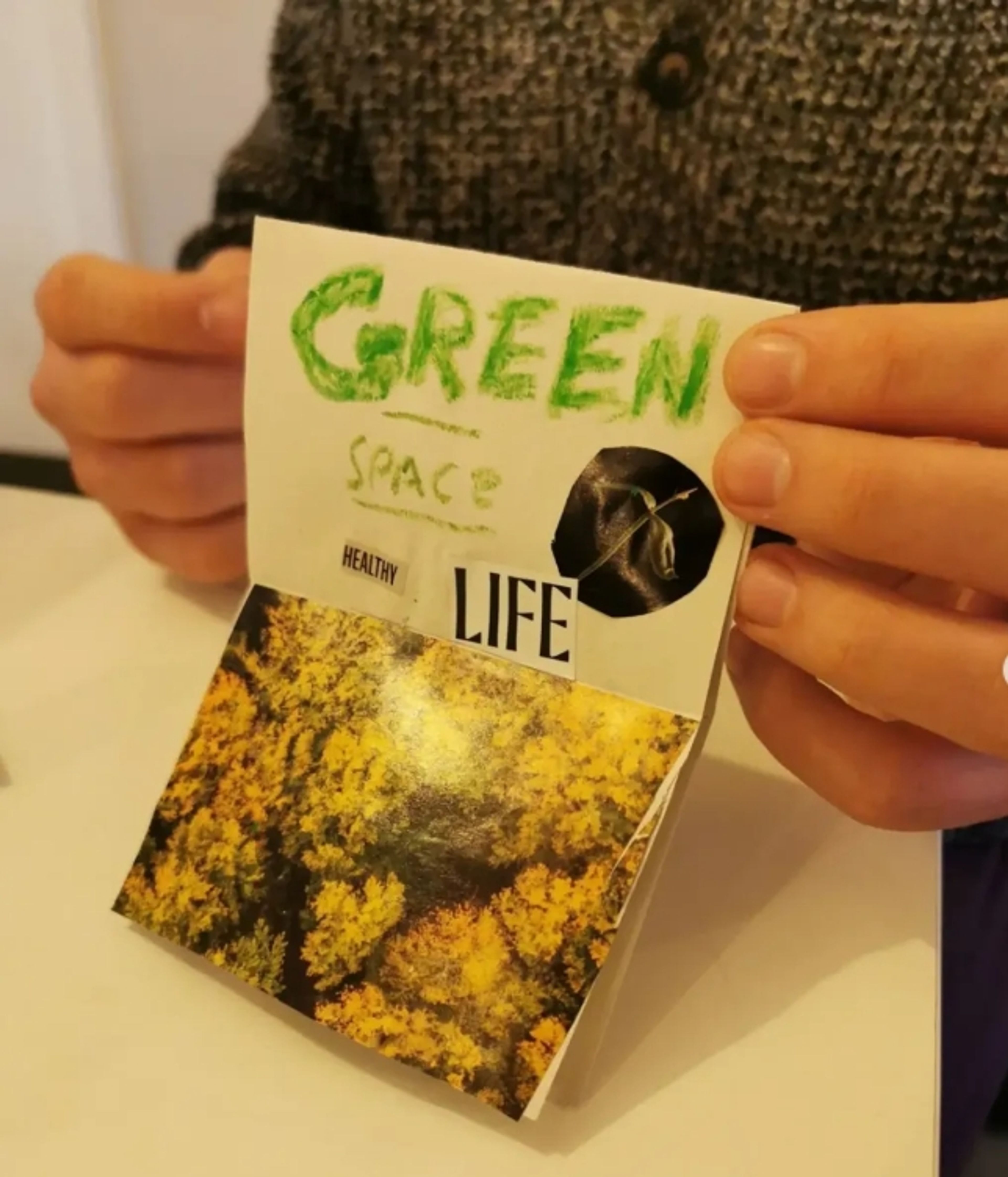 Handmade zine reading GREEN SPACE with cut‑out words HEALTHY LIFE and a small plant image, and a photo of dense yellow‑green foliage at the bottom.