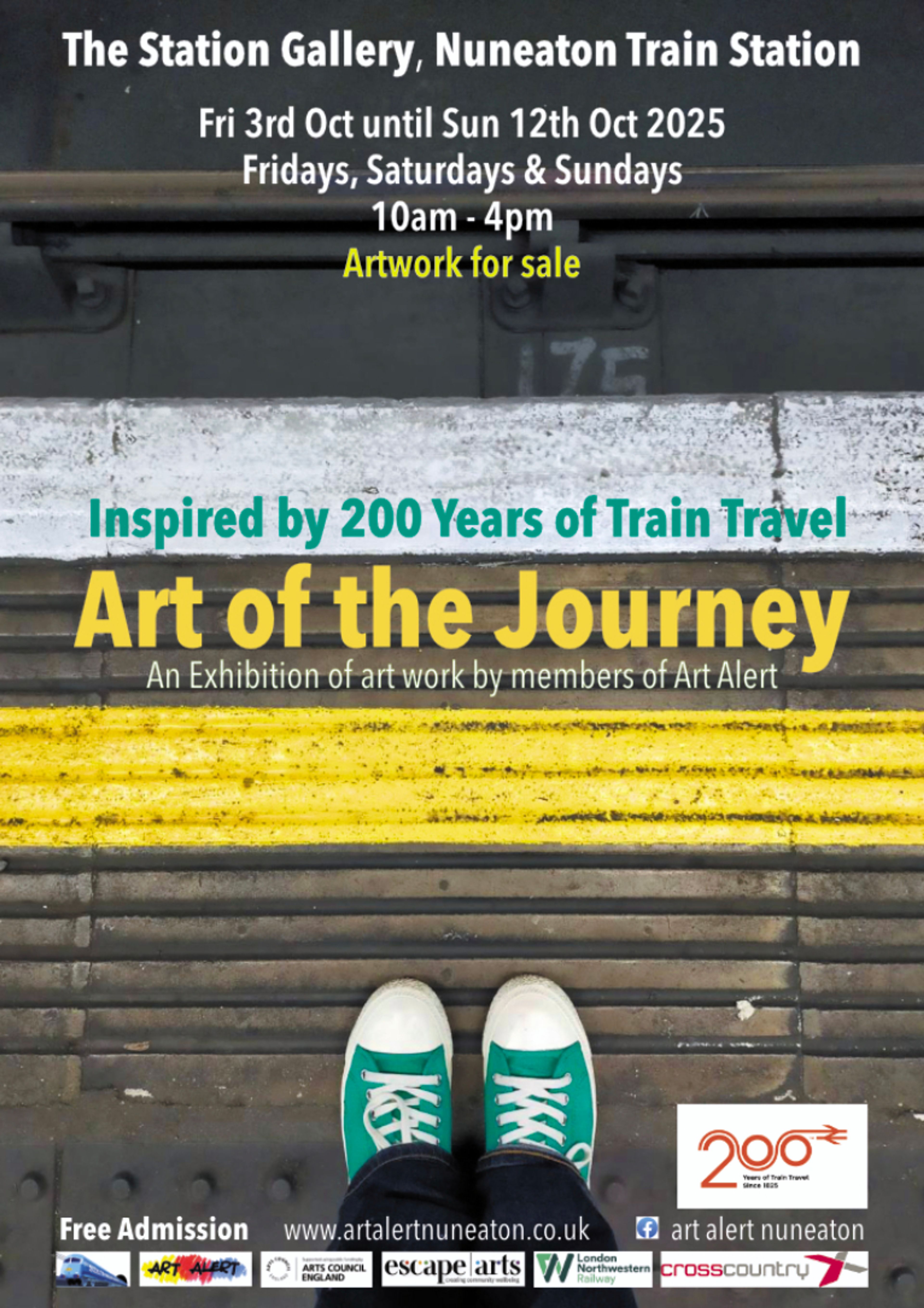 Art exhibition inspired by 200 years of train travel taking place at The Station Gallery. Image of a pair of shoes stood at a station platform.   