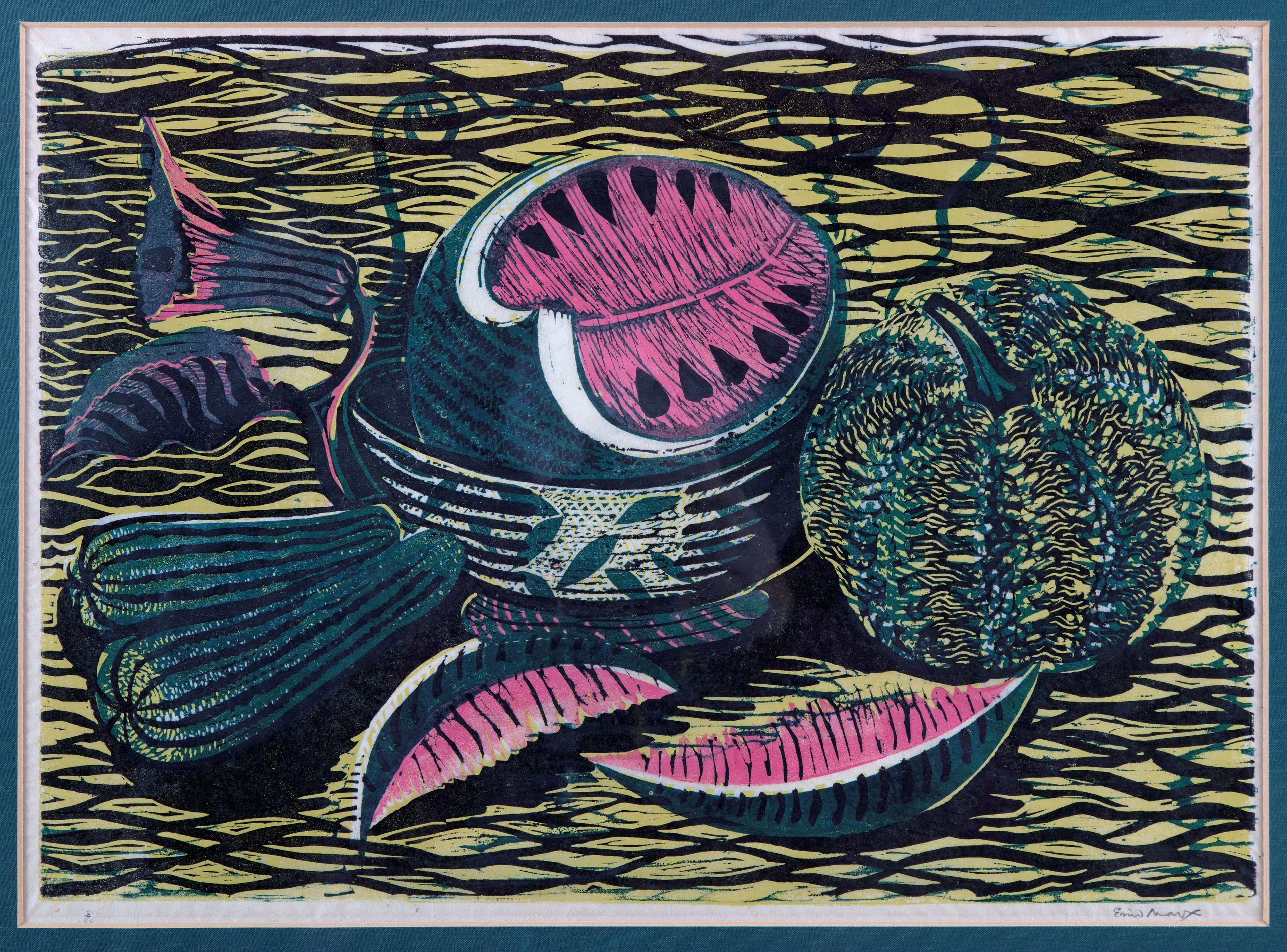 Stylised linocut of watermelon, pumpkin and cucumbers in pink, green and black, arranged against a bold patterned background.
