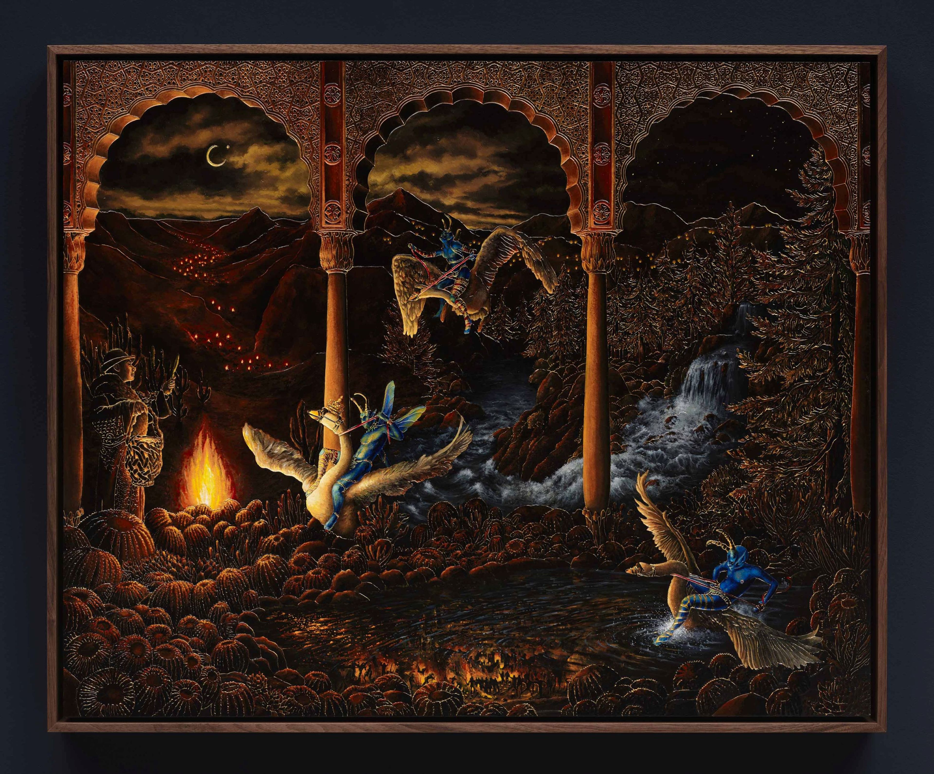  Blue winged figures ride birds through a dark fantasy landscape of firelit hills, forest and river beneath a crescent moon.
