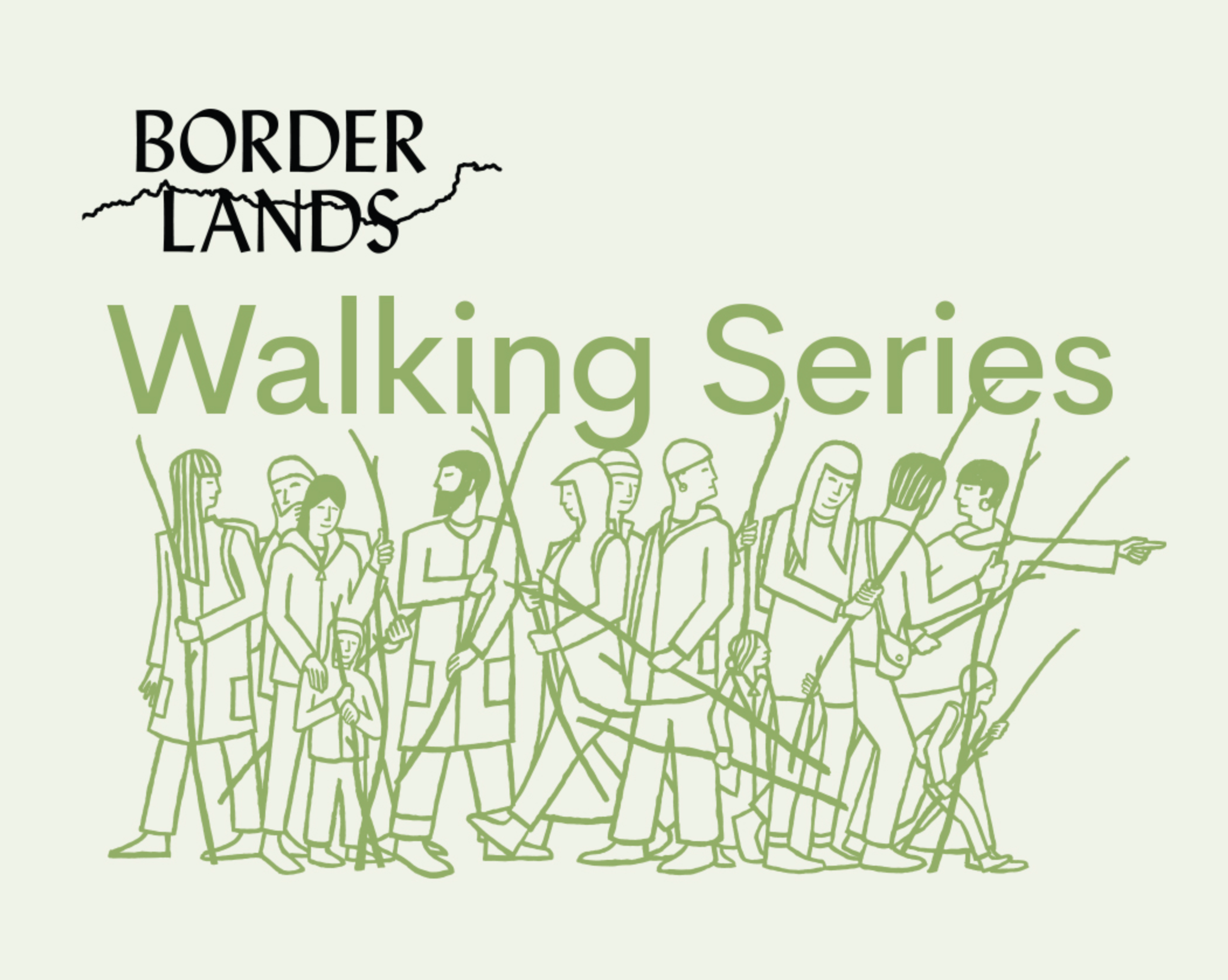 Borderlands Walking Series graphic with a line drawing of people walking together with walking sticks beneath the event title.