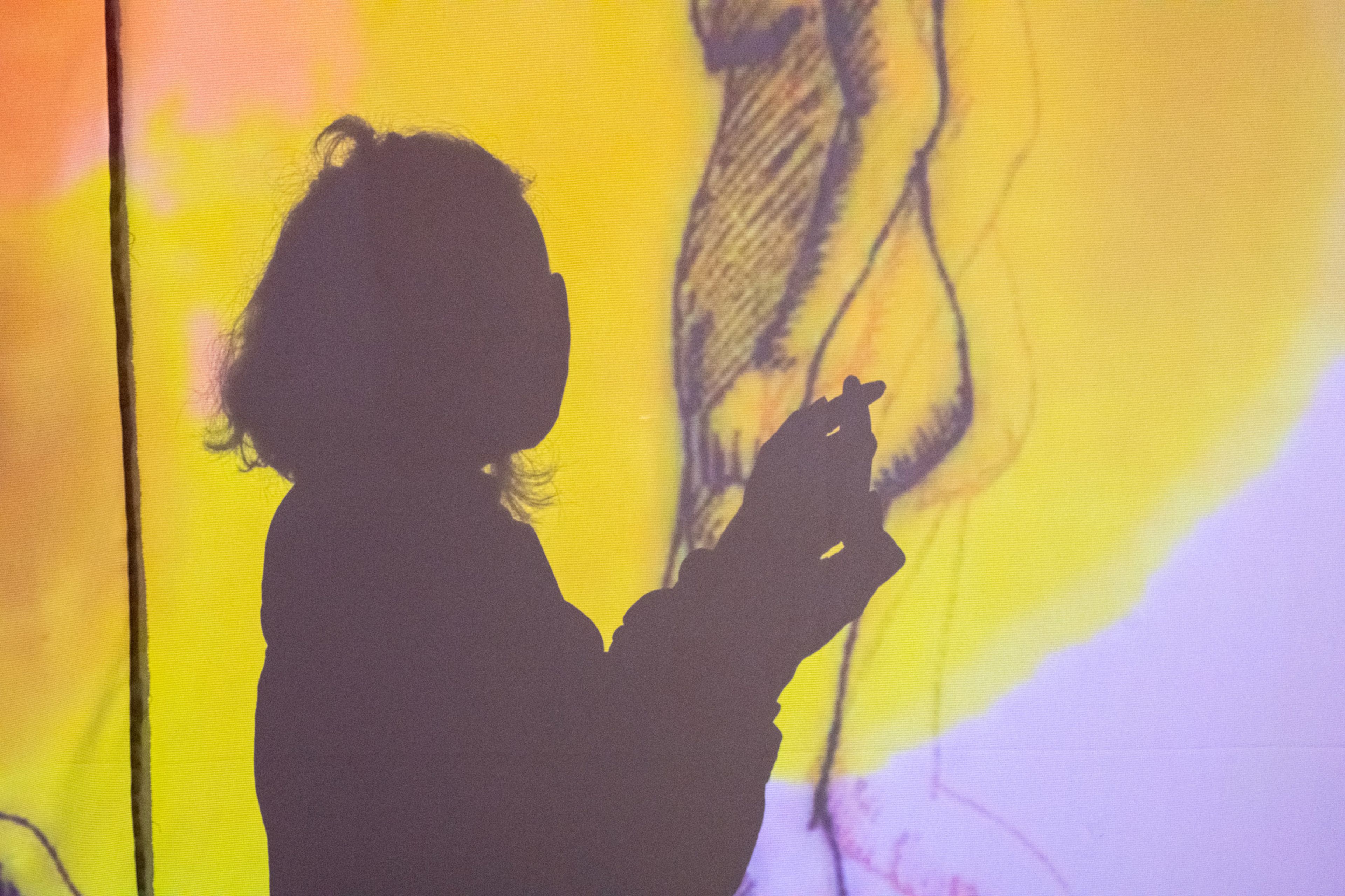 Silhouette of an audience member enjoying a digital artwork.