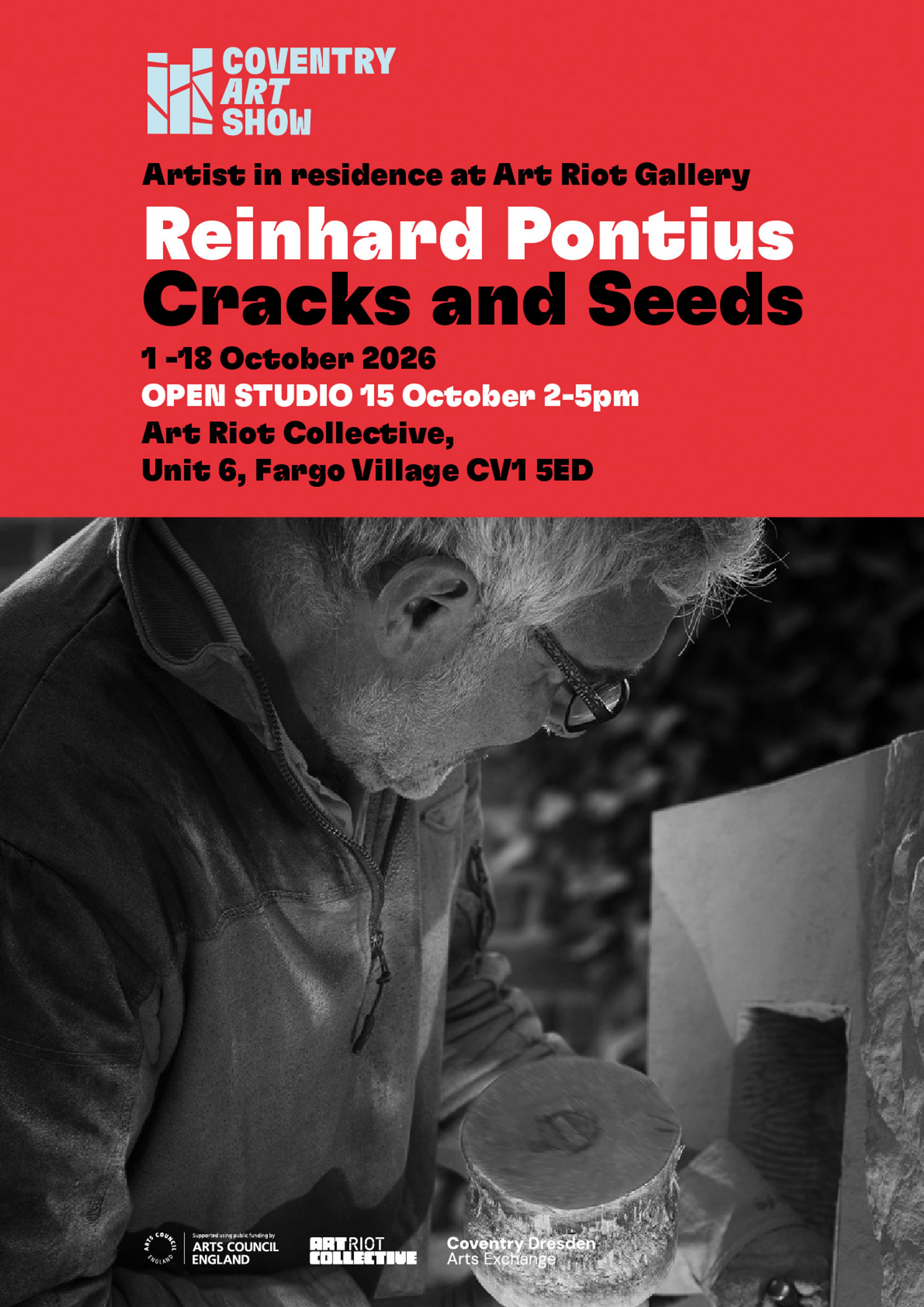 Black‑and‑white photo of an artist chiselling a sculpture, paired with bold red exhibition text announcing Reinhard Pontius’s Cracks and Seeds show.