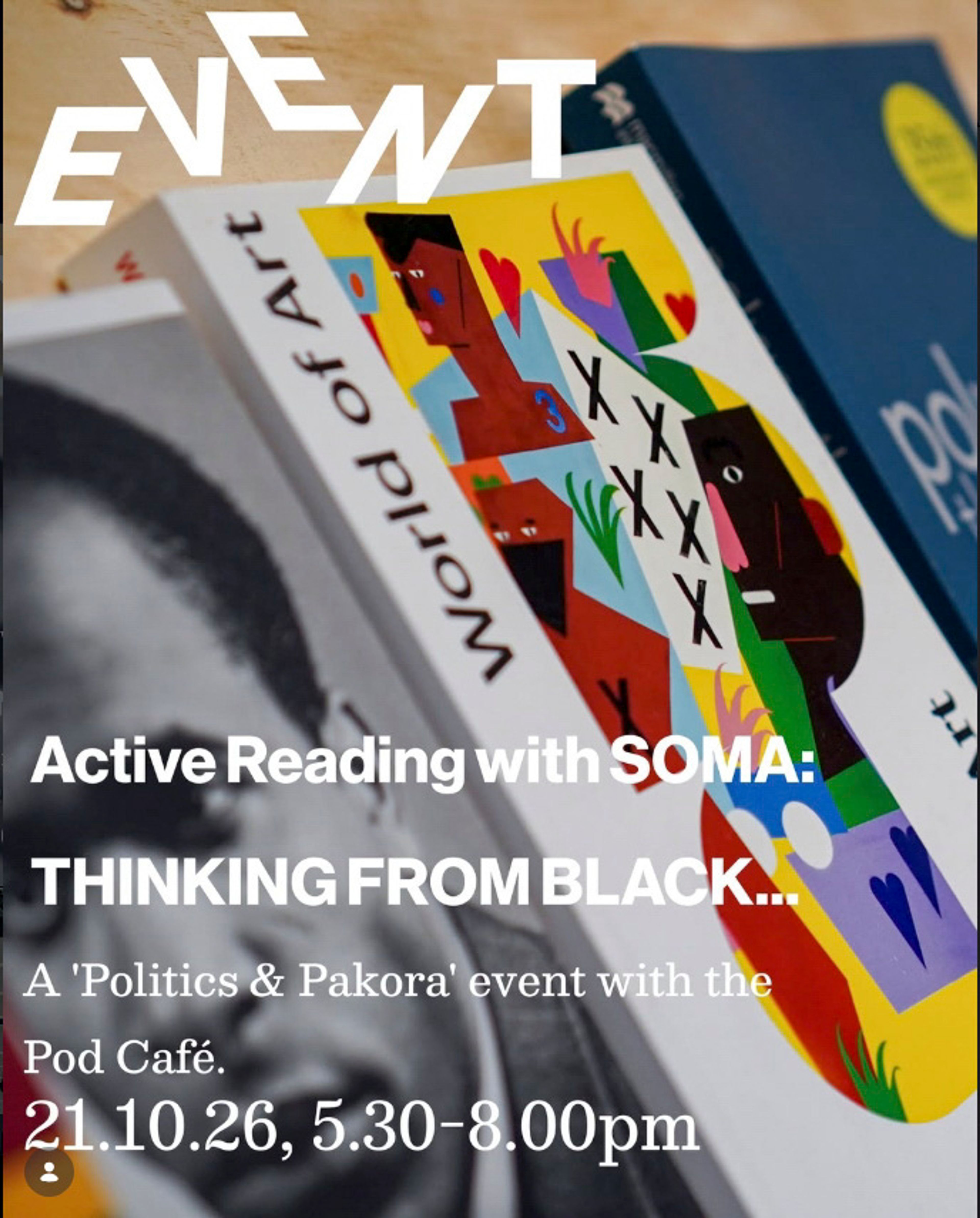 Event poster with an image of large, vibrant book covers. Text describes event information.
