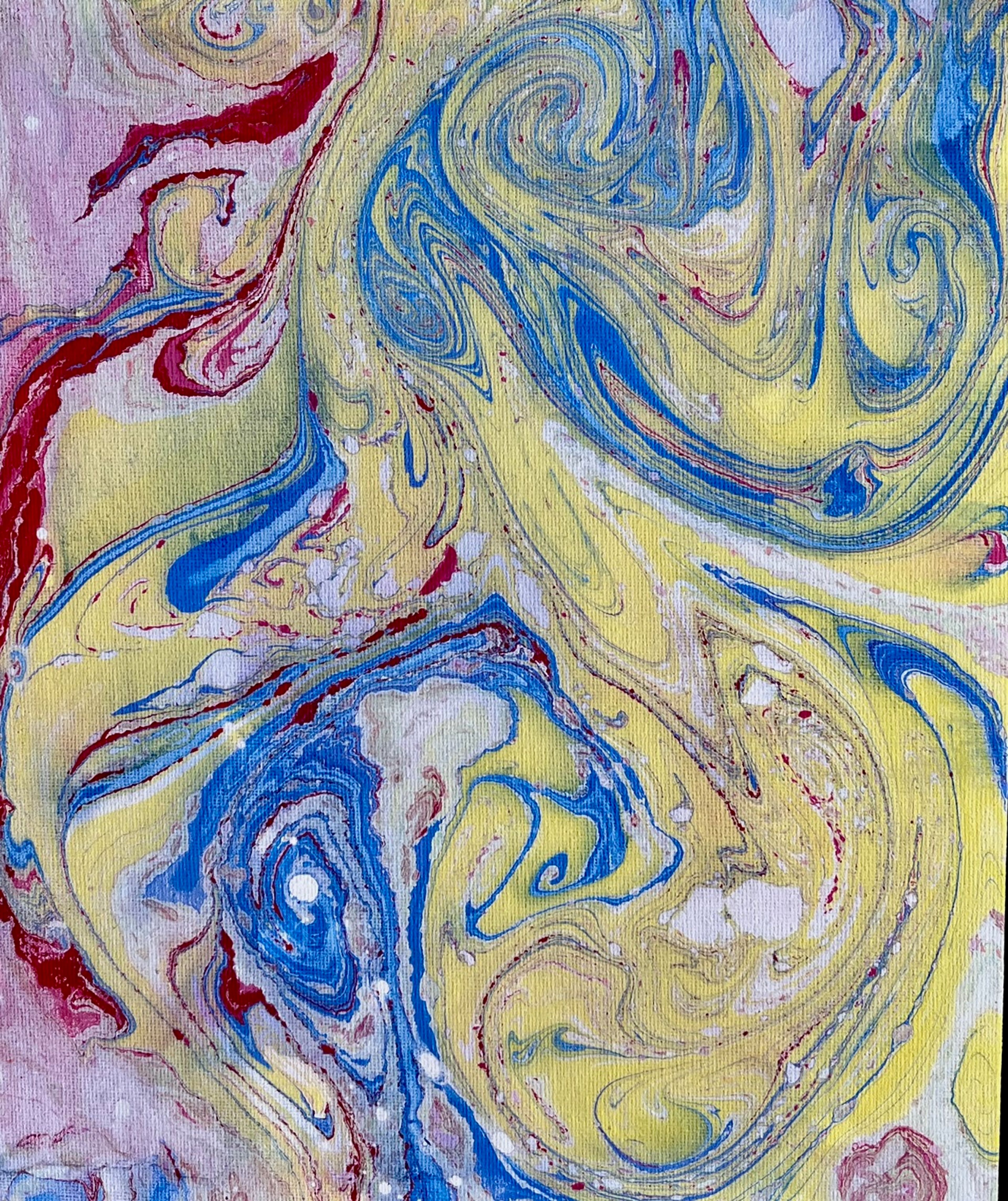 A marbelled painting using blue, red, yellow and white paints creating swirls. The artwork is by Mehar Khan.