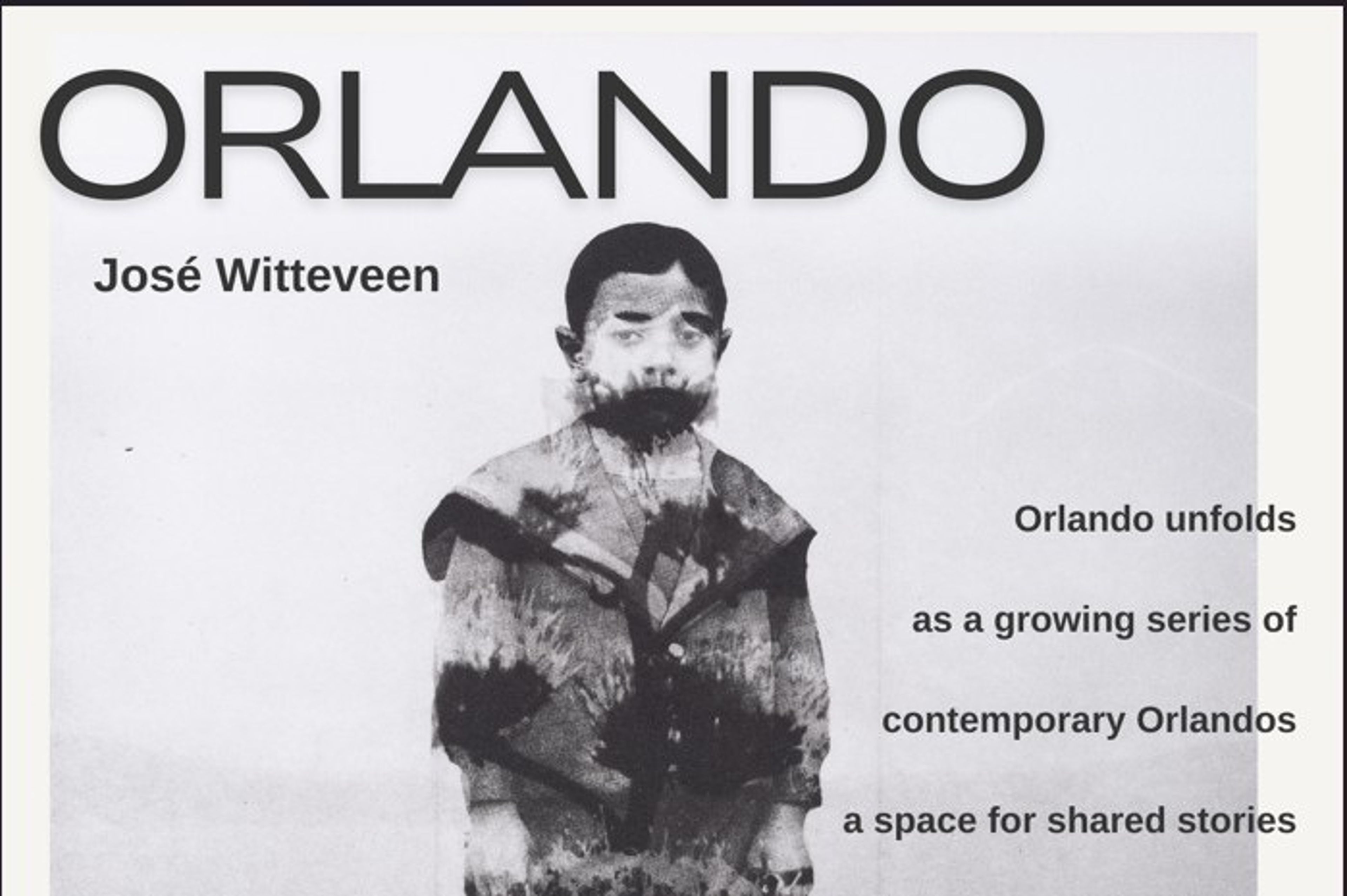 Monochrome poster with a double‑exposed figure on a chair, blended with landscape textures, titled “ORLANDO” with exhibition details below.