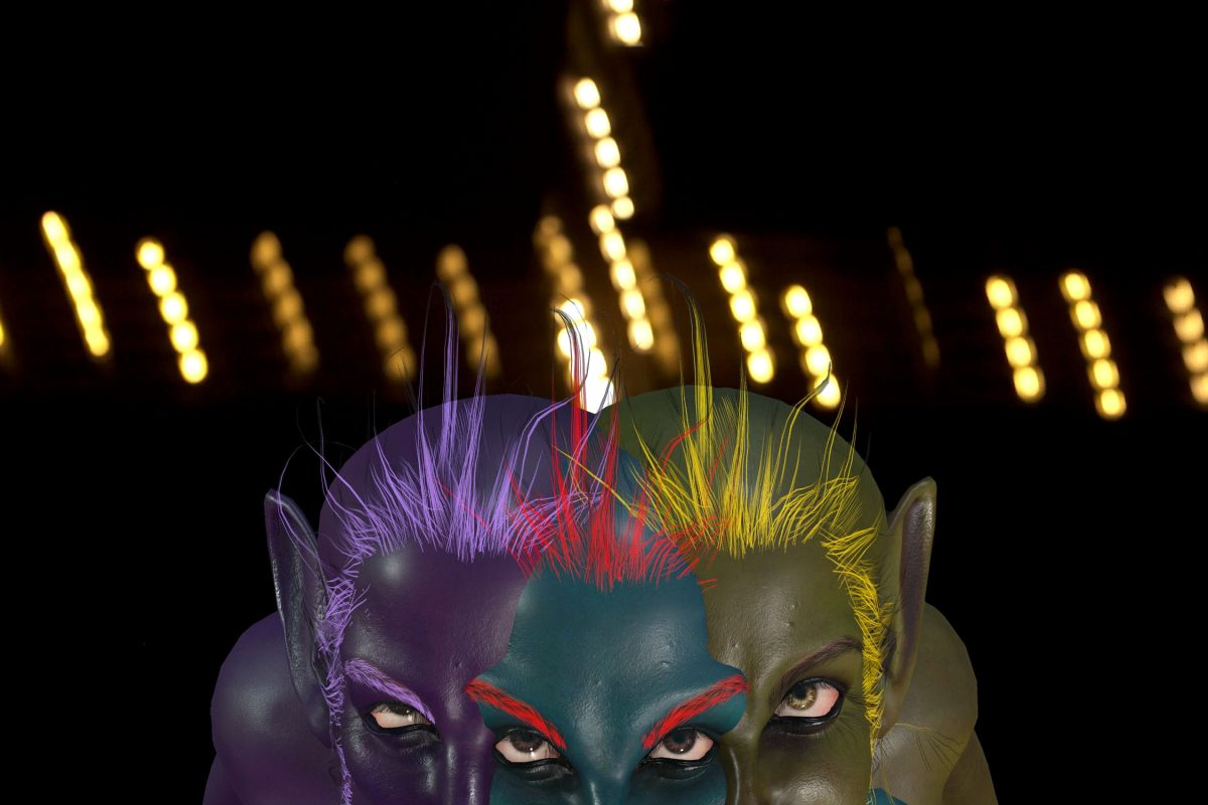 A dramatic digital artwork depicting three overlapping stylised figures with otherworldly skin tones of purple, teal and olive green.