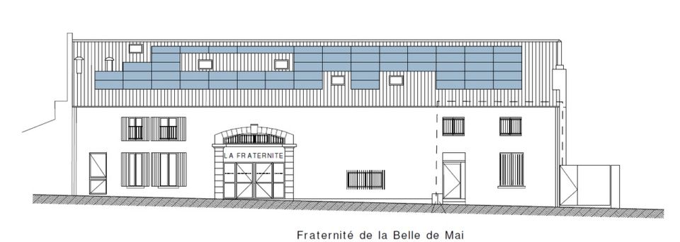 Plan de façade de la Fraternité de la Belle de Mai avec l’implantation des panneaux sur le toit