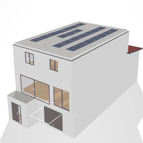 Maquette de la maison avec ses panneaux solaires sur la toiture-terrasse