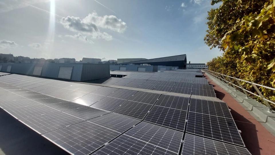 Rangées de panneaux solaires sur le toit de la Cartonnerie, à la Friche la Belle de Mai