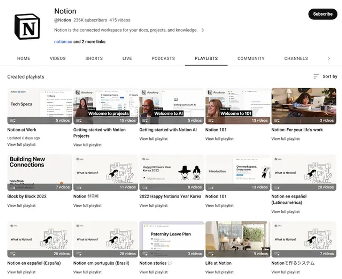 Notion YouTube playlists customer acquisition example