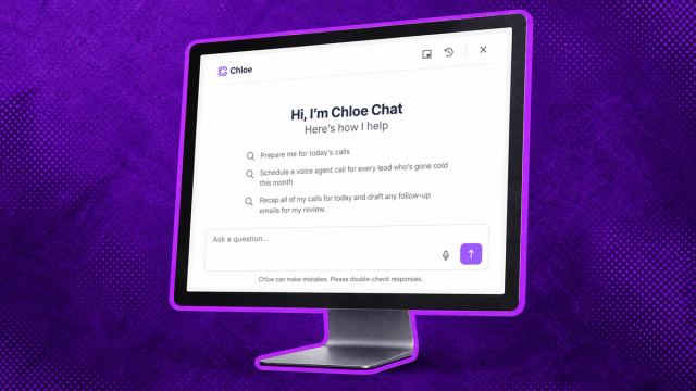 Chloe Chat open on a computer monitor, showing suggested prompts like "Prepare me for today's calls" and "Recap all of my calls for today and draft any follow-up emails for my review."