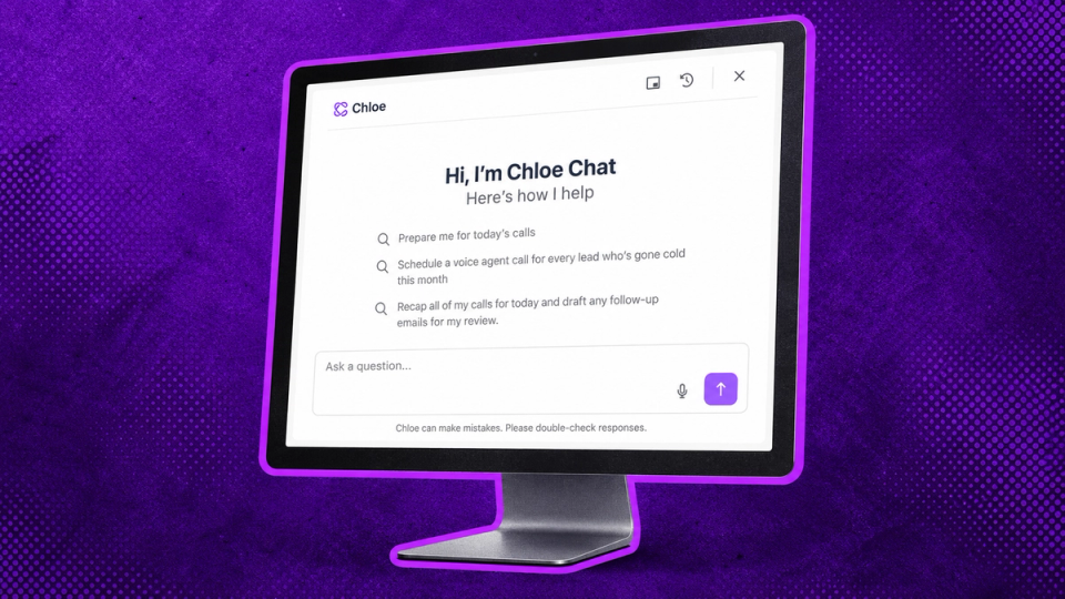 Chloe Chat open on a computer monitor, showing suggested prompts like "Prepare me for today's calls" and "Recap all of my calls for today and draft any follow-up emails for my review."