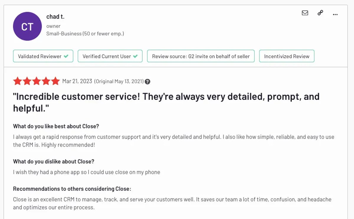 Close CRM G2 review