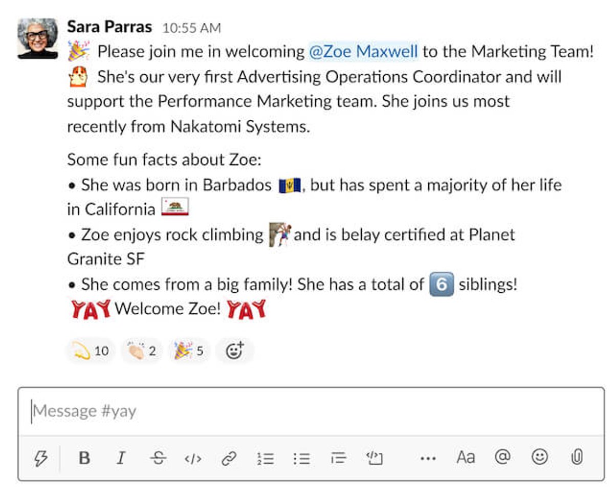 Remote team welcome message via Slack