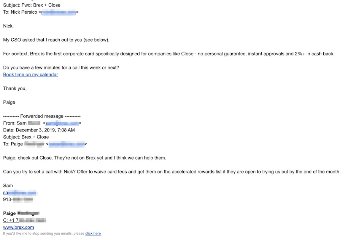 Manager FWD Cold Email Template - Example from Close