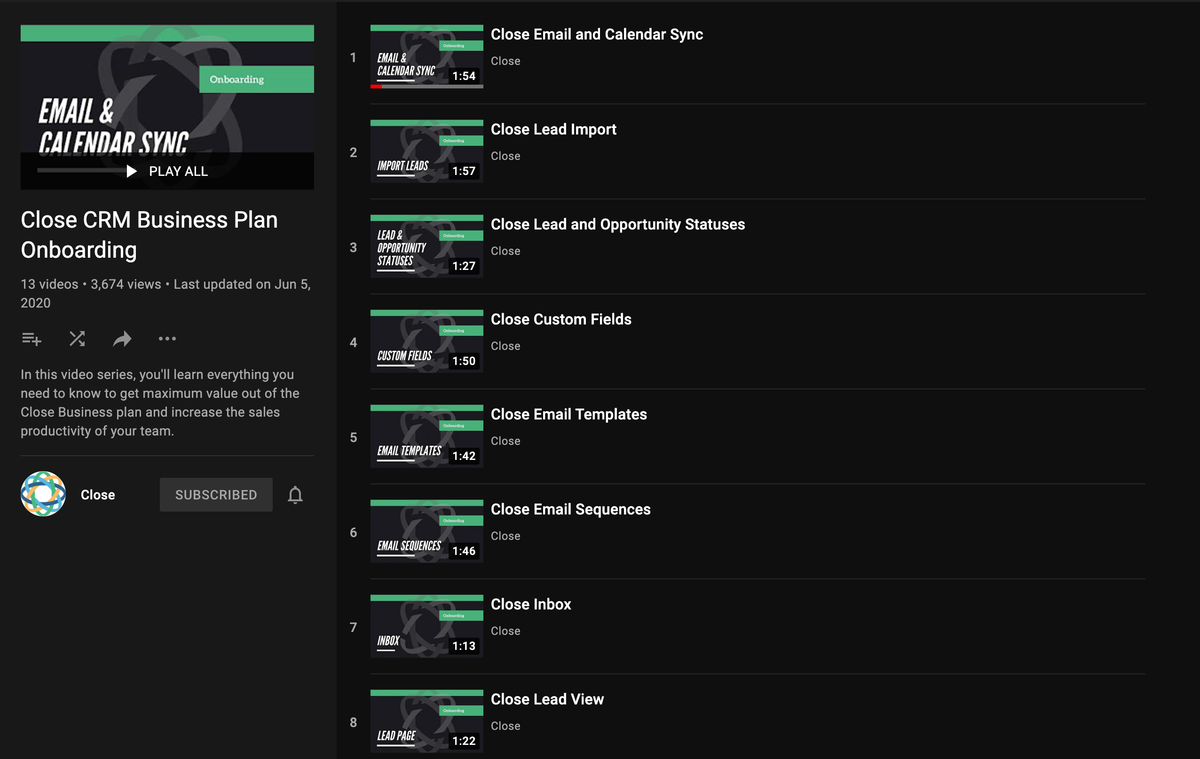 CRM implementation resources on the Close YouTube channel