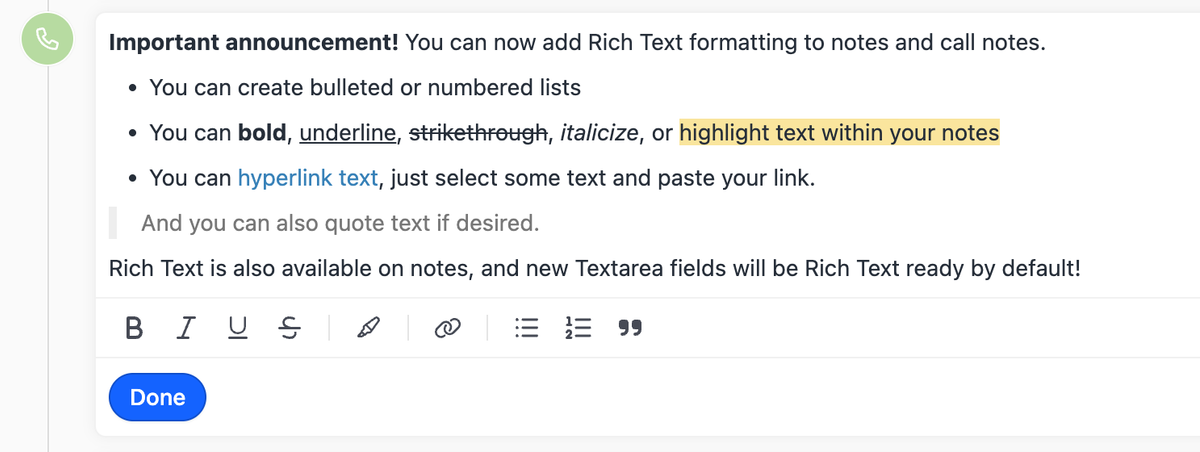 Rich Text Editing for Notes and Call Notes