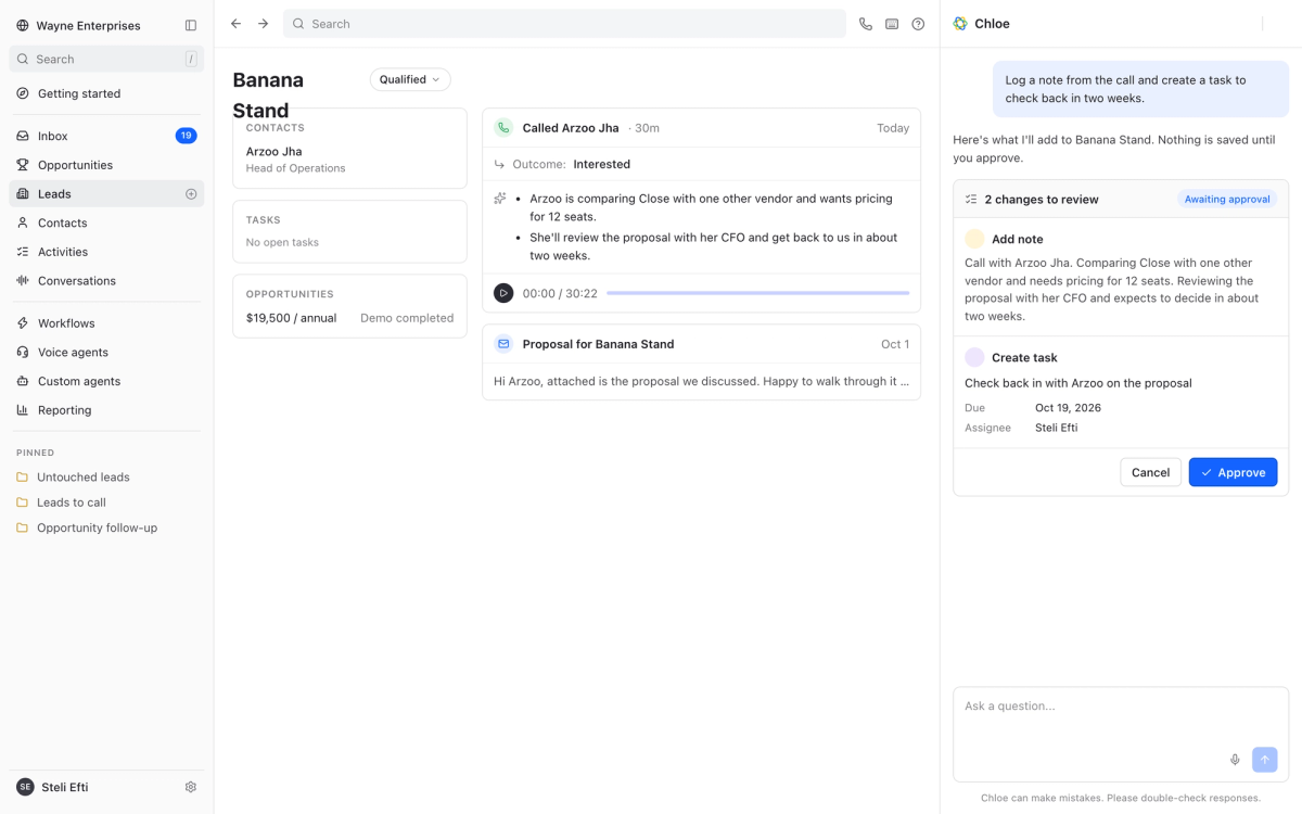 Chloe Chat proposing a new note and follow-up task, waiting for the user's approval before saving.