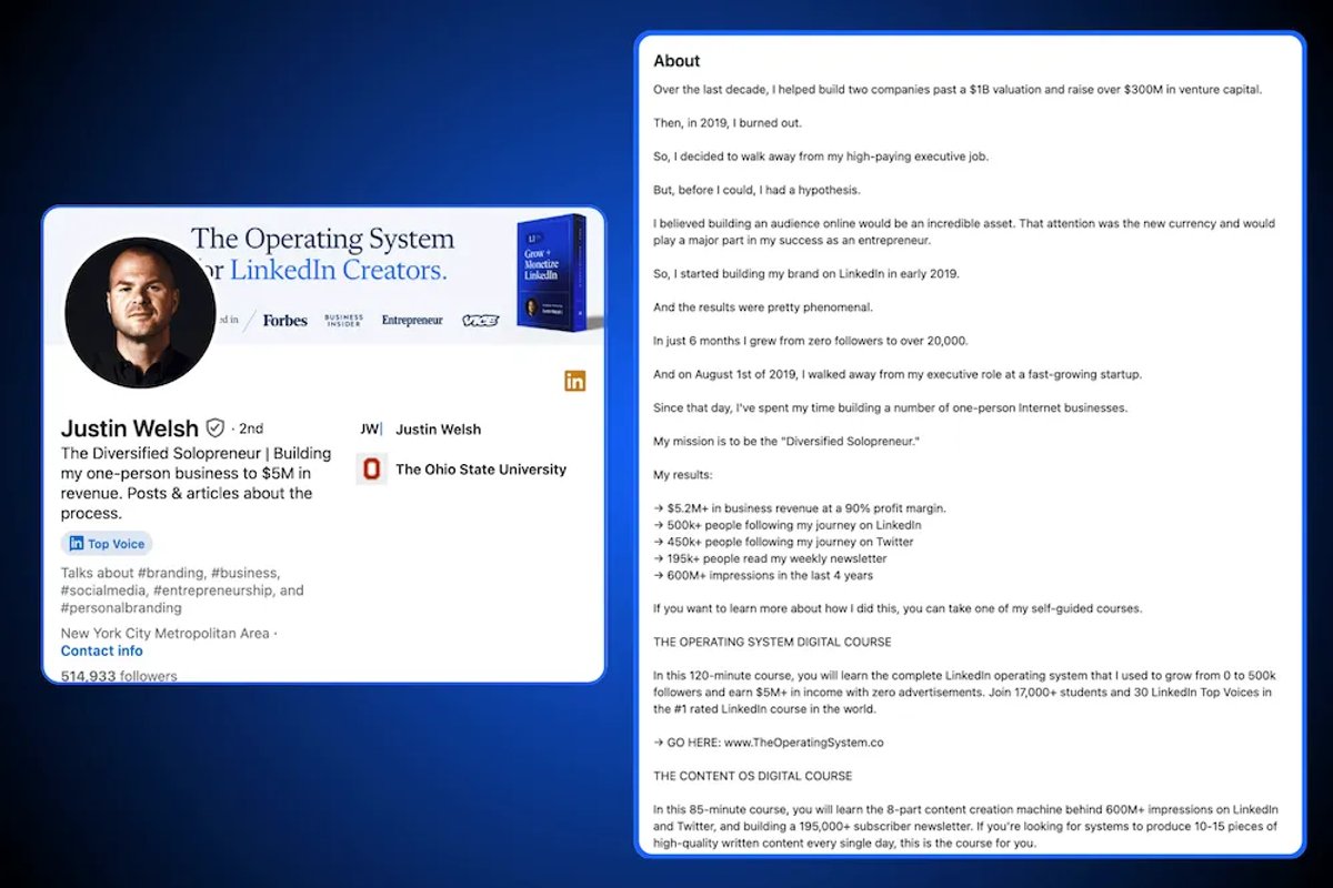 LinkedIn Profile Summary Examples - Justin Welsh