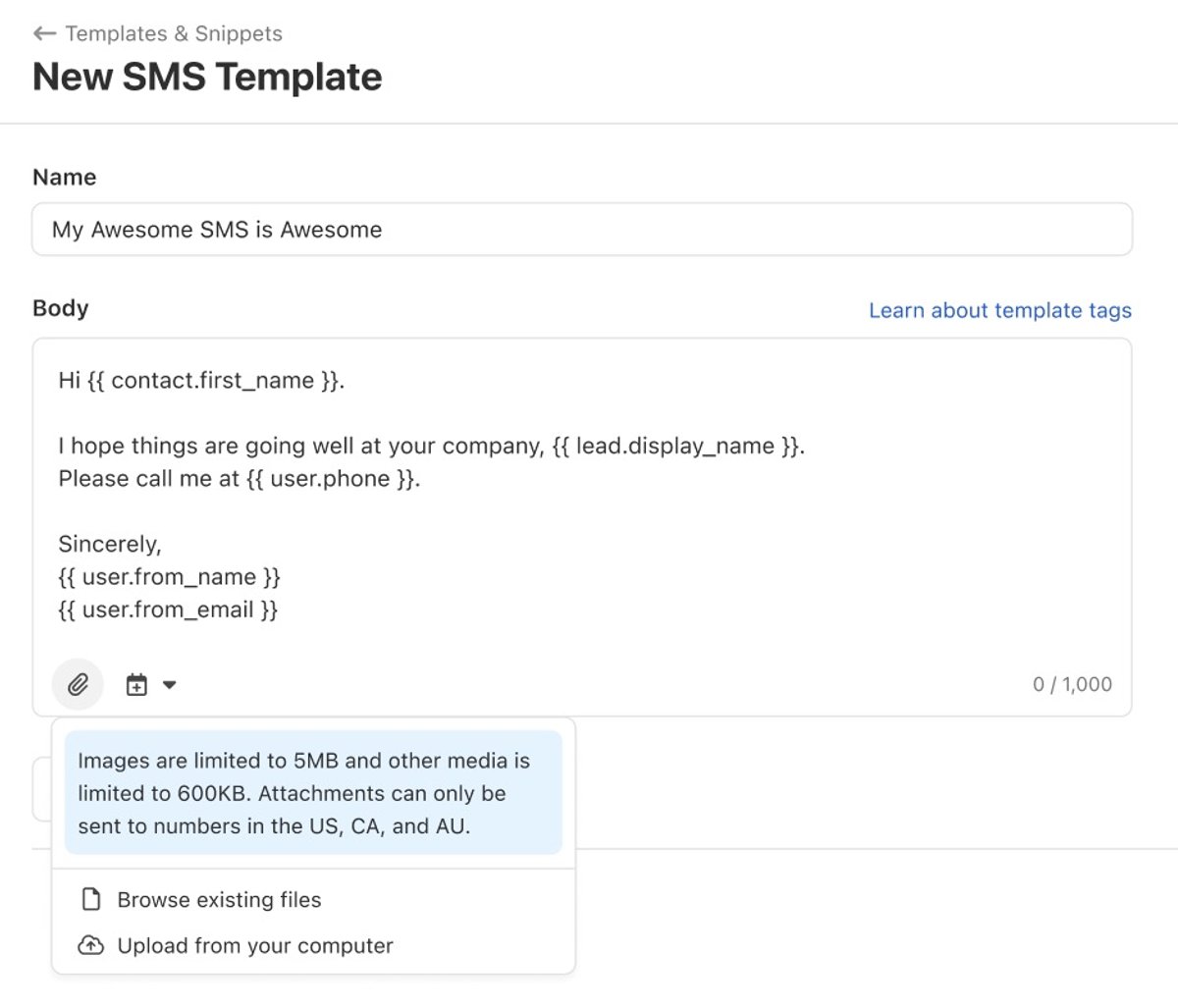 SMS Template Attachments