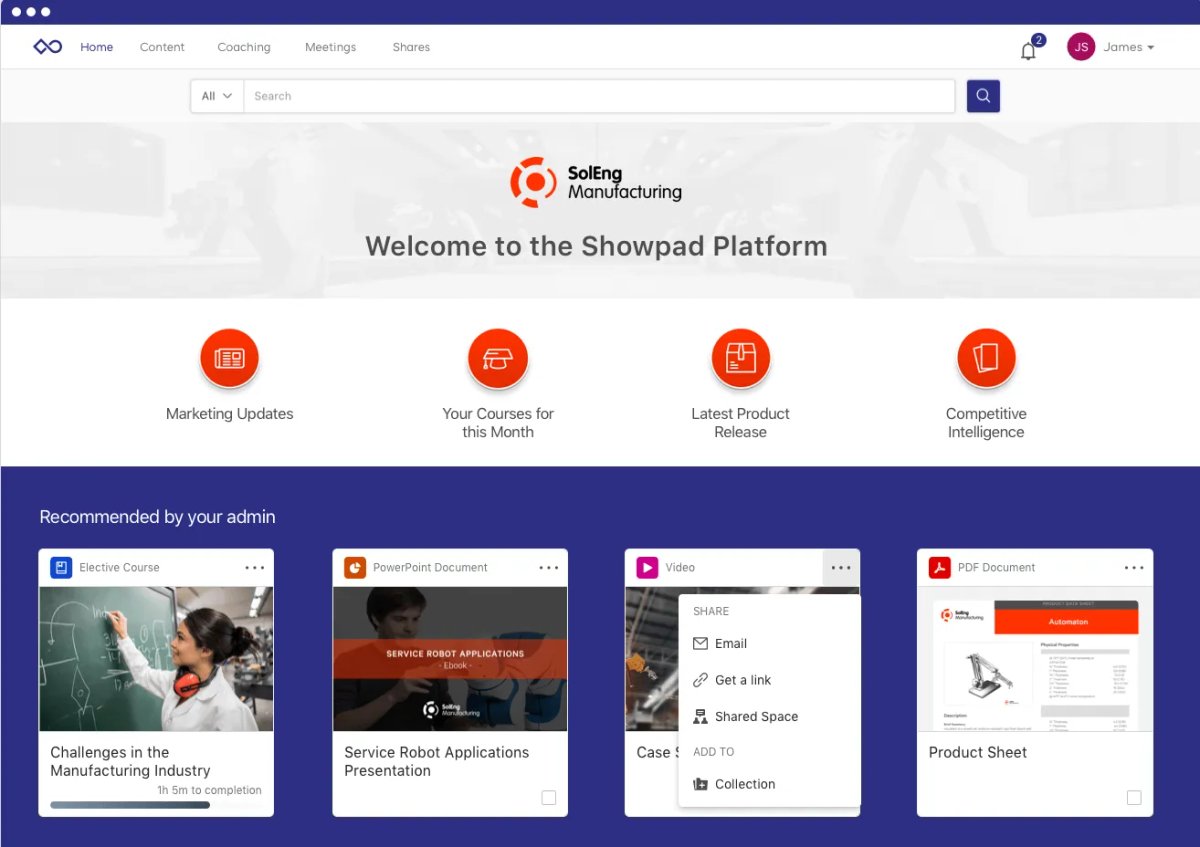showpad sales enablement tool dashboard 