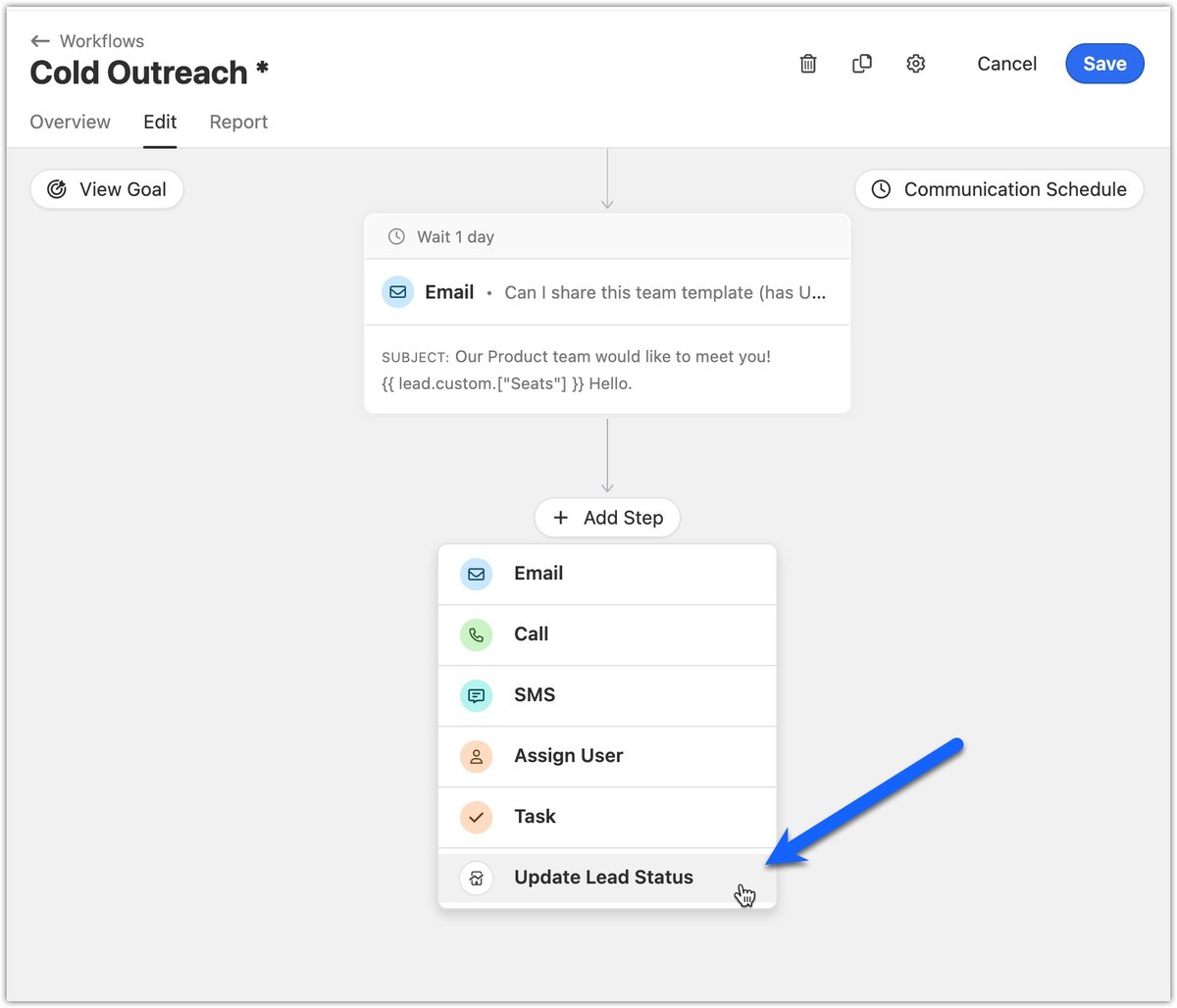 Set Lead Status Instant Action in Workflows