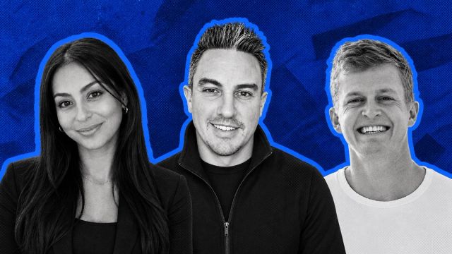Three CRM migration webinar speakers on a textured blue background.