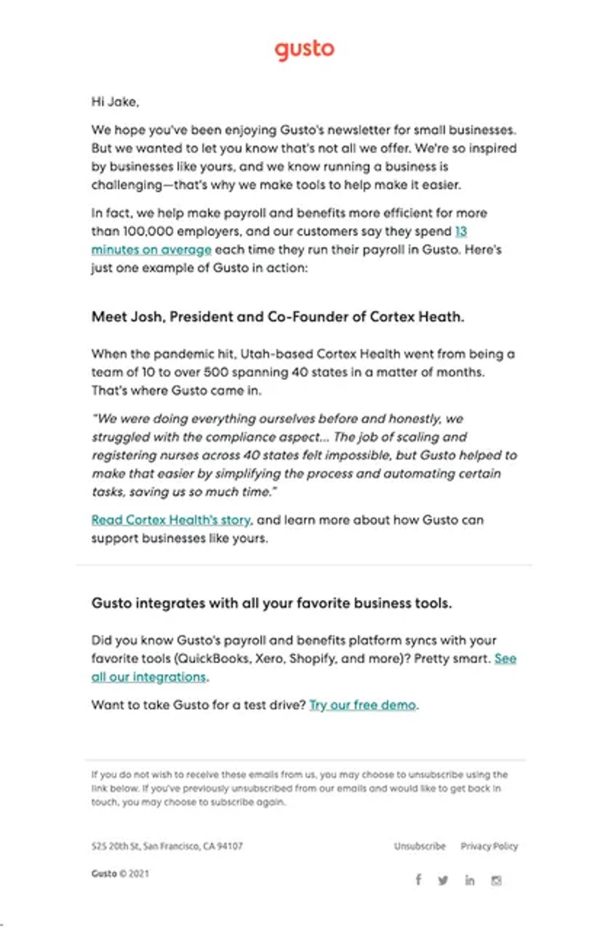 Gusto onboarding and testimonial email example